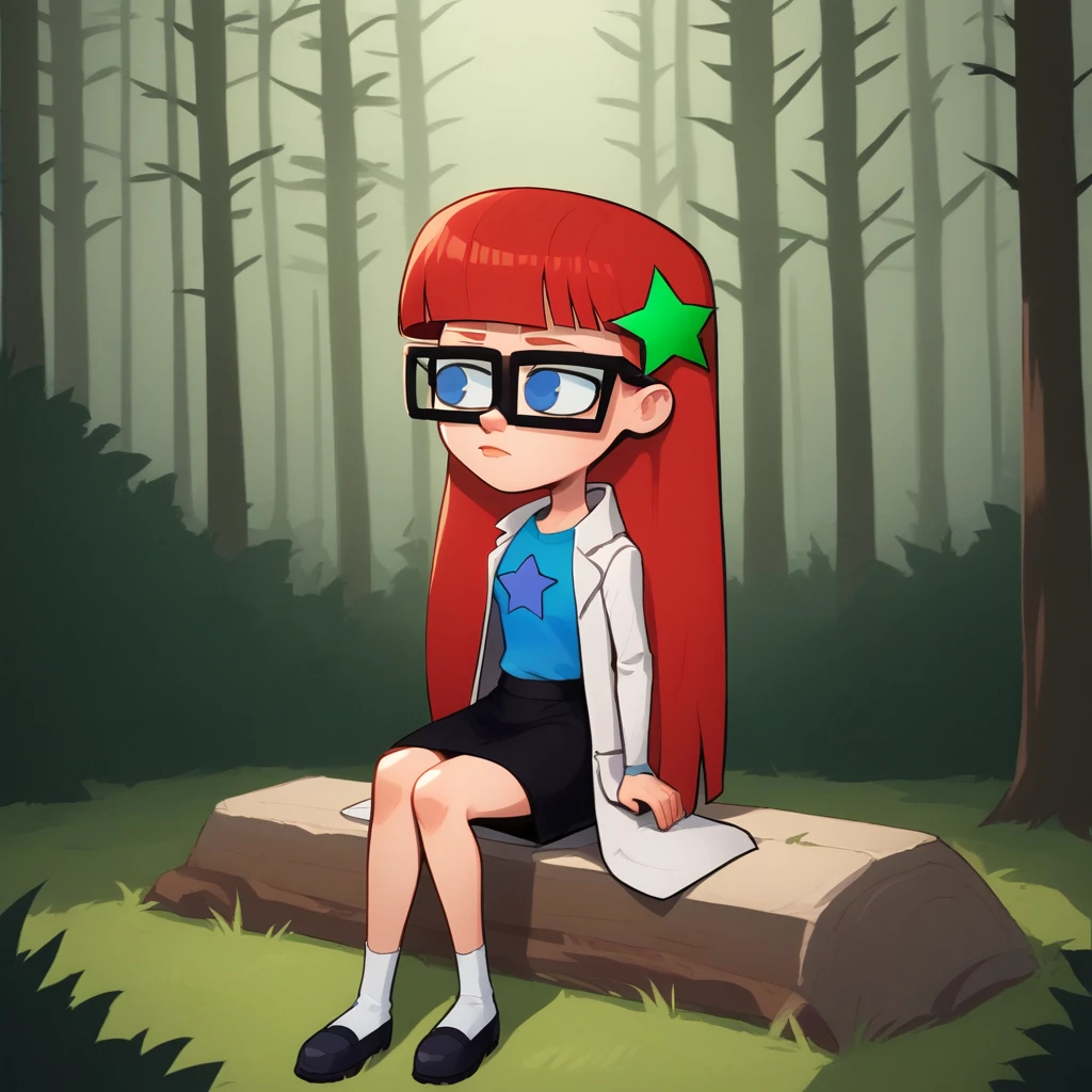 score_8_up, BREAK, source_cartoon, solo, 1girl, Susan, Red hair, long hair, blunt bangs , blue eyes, glasses, black skirt , blue t-shirt, star hair ornament, lab coat , long sleeves, <lora:SusanTest_LeafXL_3-10:1>, forest, sitting,