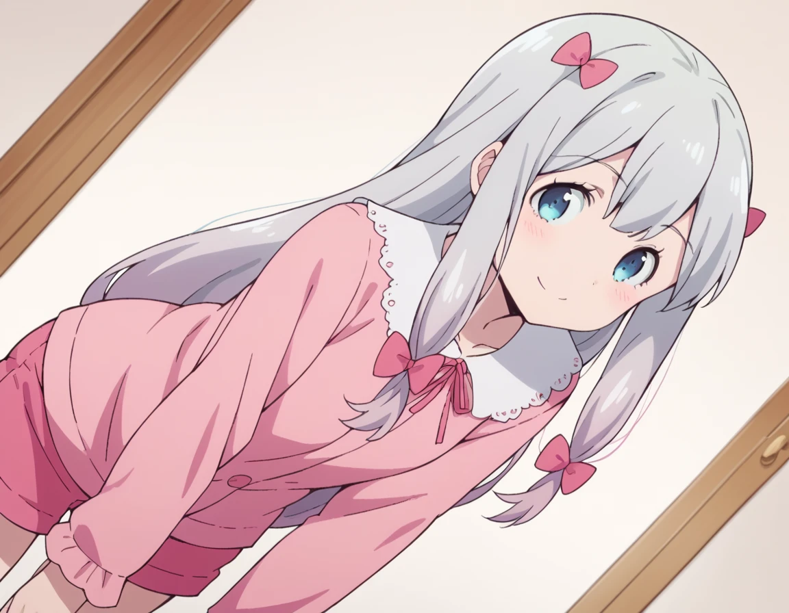 score_9, score_8_up, score_7_up, source_anime,
sagiriizumi, <lora:sagiri-izumi-s1-ponyxl-lora-nochekaiser:1>,
sagiri izumi, long hair, blue eyes, bow, hair bow, grey hair, pink bow,
ribbon, shorts, pink shirt, pajamas, pink shorts,
indoors, bent over, smile,
solo, looking at viewer, cowboy shot, dutch angle,