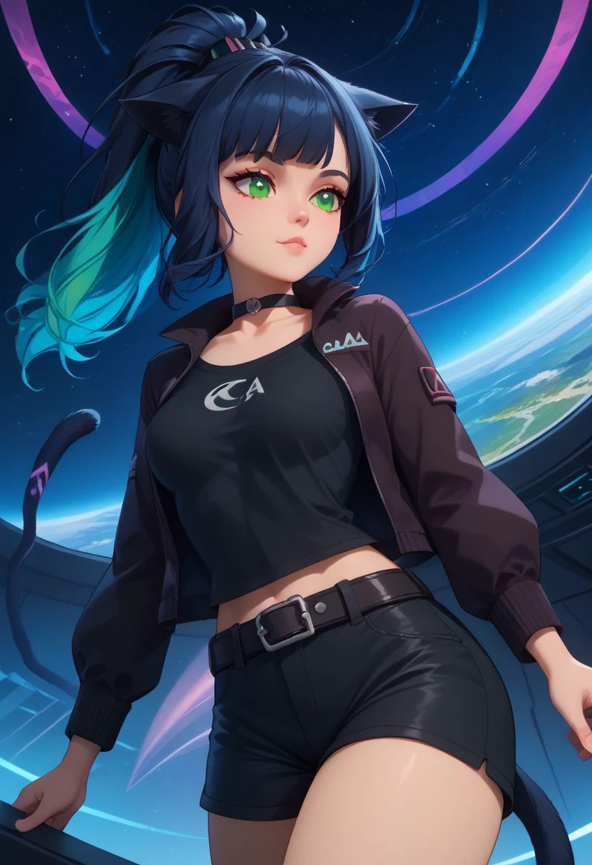 score_9, score_8_up, score_8, medium breasts, (curvy), cute, eyelashes,  rating_safe,
BREAK, 
patJessica, cat ears, ponytail, green eyes, multicolored hair, cat girl, blue hair, black hair, cat tail, long hair, patJessica, cat ears, ponytail, green eyes, multicolored hair, cat girl, blue hair, black hair, cat tail, long hair,   choker, black jacket, belt, black shirt, black shorts, , 
BREAK, 
dynamic angle, stars, floating, colorful, pink, blue eyes, black bow, from side, on back, spaceship, technological,
zPDXL,