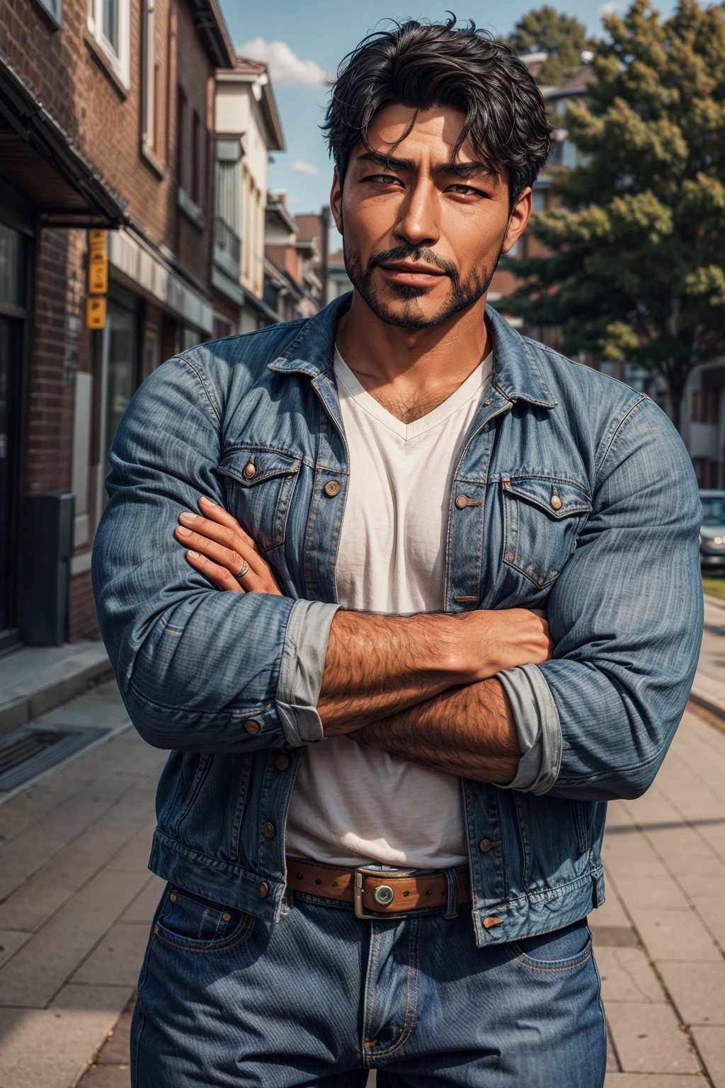 raymond_hyungry, mature man, beard, daddy, hairy, shirt, jacket, dark skin, looking at you, crossed arms, smug, jeans, daylight, outside<lora:EMS-93-EMS:1.000000>, <lora:EMS-377399-EMS:0.600000>