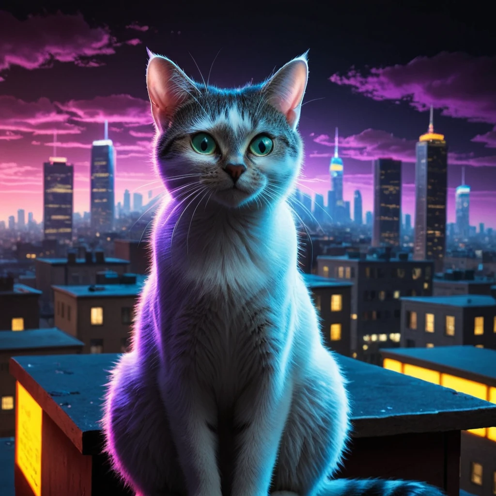 ADark and gritty, the sky is a deep shade of purple as a dark, glowing orb hovers above a cityscape. Ivykrit cat, is in all its glory, with glowing green eyes and a thick coat that seems to glow with an otherworldly light. Its body is covered in anthropomorphic symbols and patterns, as if it's alive and breathing. The scene is both haunting and terrifying, leaving the viewer wondering what secrets lie within the realm of imagination., neon lights, realistic, glow, detailed textures, high quality, high resolution, high precision, realism, color correction, proper lighting settings, harmonious composition, behance work