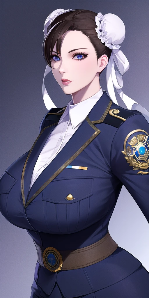 <lora:ChunLIV5:0.7> sfchunlidoublebun, huge_breasts, standing, solo, policewoman,, masterpiece, best_quality, detailed_face, detailed_eyes, highres, beautiful, detailed, absurdres,