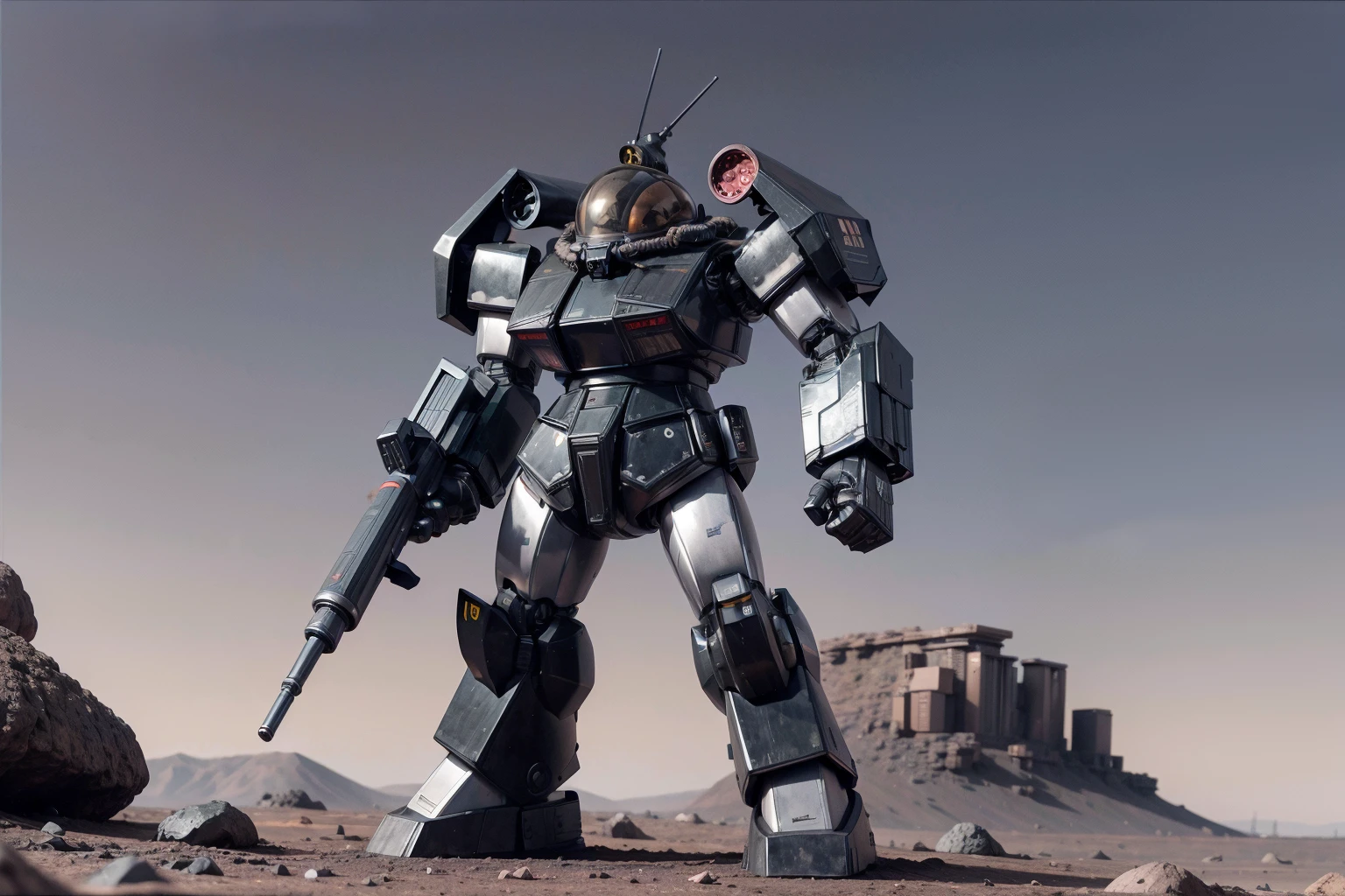 RAW photo of a detailed giant black and chrome<lora:Robotech_ThorenGriffin:.8> robot holding a gun in its hand, standing on the surface of mars <lora:more_details:.6>