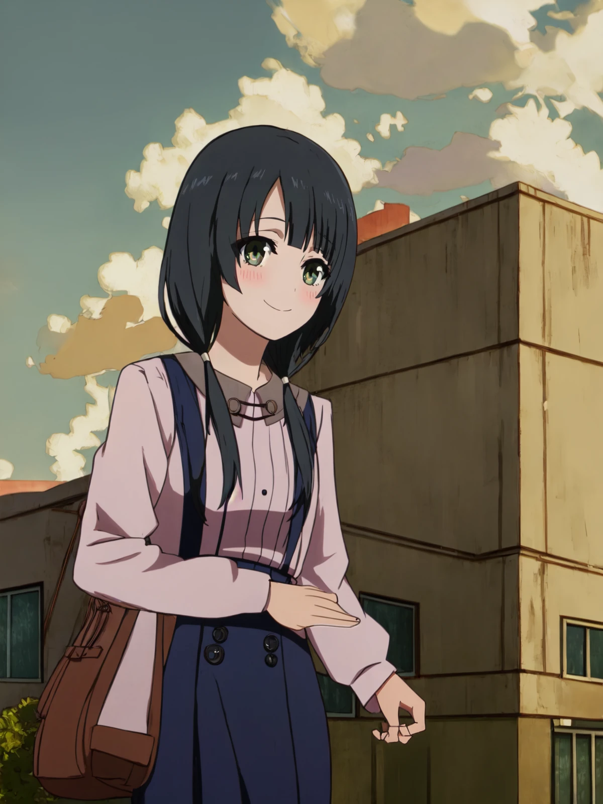 SLE, mksks style, detailed background SLE, mksks style, detailed background absurdres, highres, cowboy shot, solo, 1girl, <lora:Ema Yasuhara (SHIROBAKO):1>, ema yasuhara, anime 2, blue skirt, suspender skirt, suspenders, standing, smile, looking at viewer, blush, city, sidewalk, outdoors, blue sky, clouds, sunlight