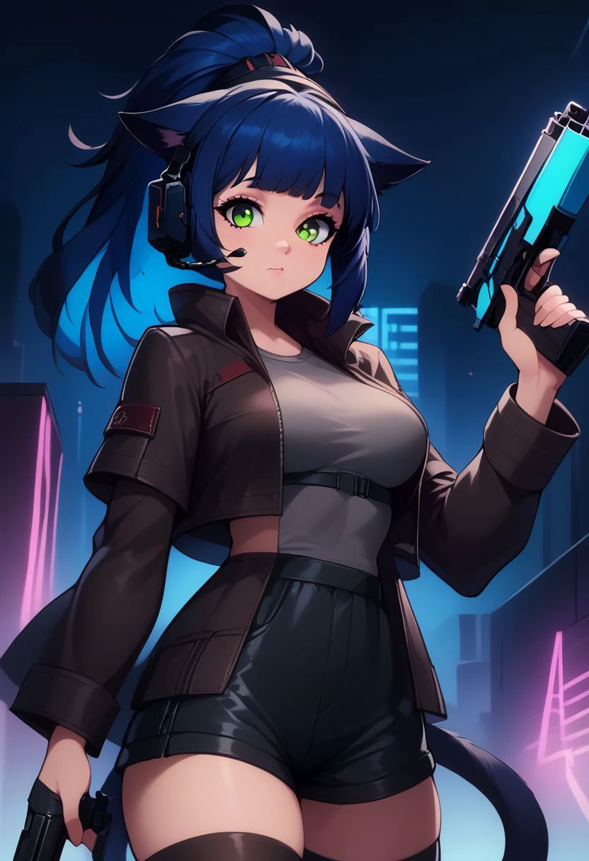 score_9, score_8_up, score_8, medium breasts, (curvy),((1girl)), cute, eyelashes,       neon lights,  looking at viewer, 
patJessica, cat ears, ponytail, green eyes, multicolored hair, cat girl, blue hair, black hair, cat tail, long hair,   
black shorts, headset, looking at viewer, black thighhighs, gun, cropped legs, long sleeves, open coat, cowboy shot, hand in pocket, open jacket, grey shirt, black shirt, black coat, black jacket, closed mouth, hand up, weapon on back, short shorts,
zPDXL, cowboy shot,