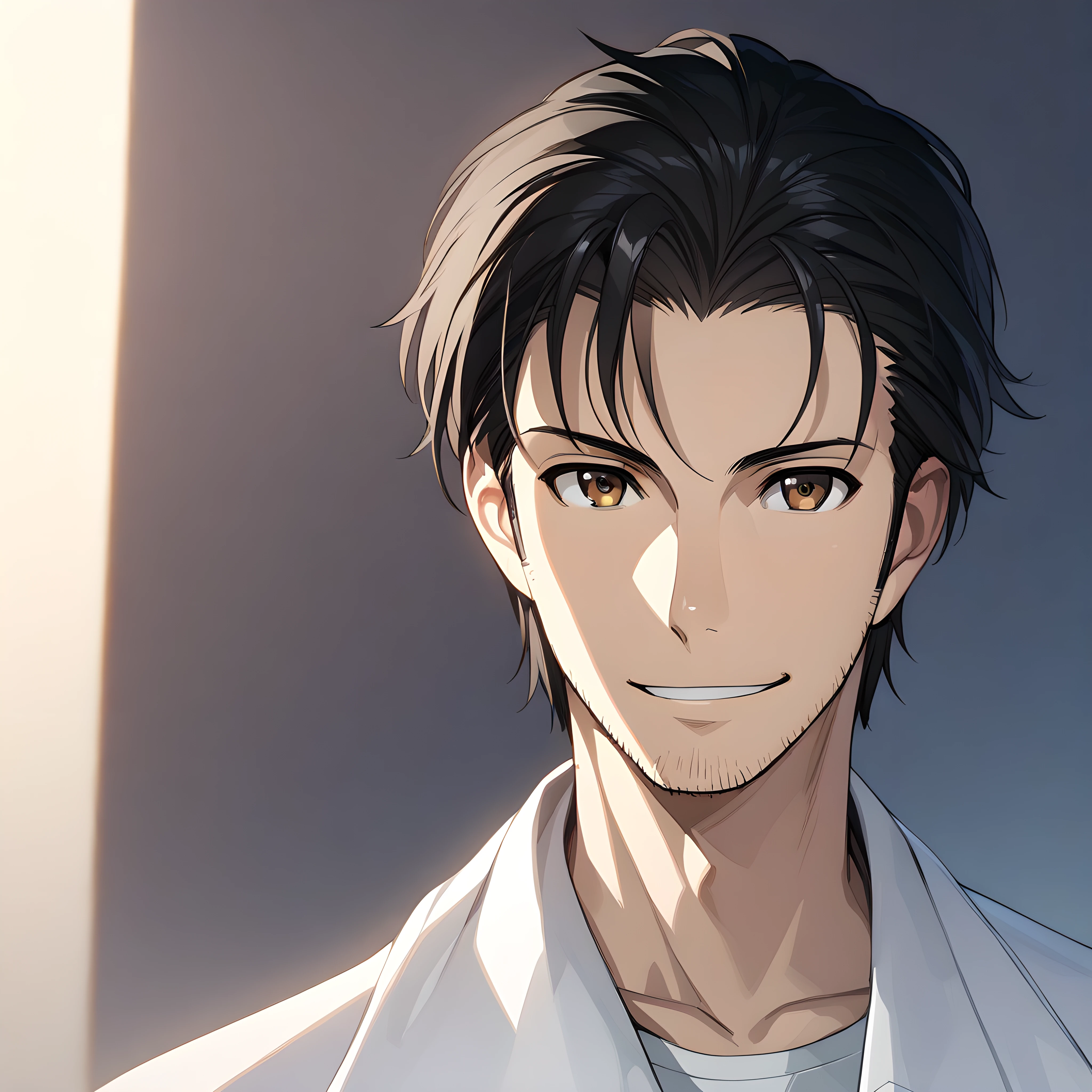 (masterpiece),(best quality),(ultra-detailed),(best illustration),(best shadow),(absurdres),(detailed background),(very aesthetic), okabe rintarou, brown eyes, stubble, black hair, facial hair, labcoat, smile, portrait, 1boy, male focus, solo, <lora:Okabe_Rintarou:1>