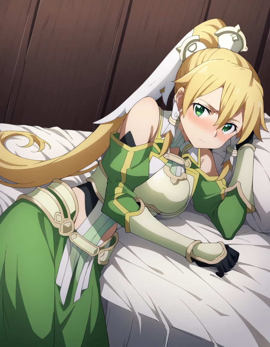 score_9, score_8_up, score_7_up, source_anime,
suguhakirigaya, <lora:suguha-kirigaya-s3-ponyxl-lora-nochekaiser:1>,
suguha kirigaya, long hair, blonde hair, hair ornament, green eyes, ponytail, hair tubes,
bare shoulders, armor, breastplate, detached sleeves, gloves, white gloves, dress, green dress,
indoors, bed, bed room, on side, blush, drunk,
solo, looking at viewer, cowboy shot, dutch angle,