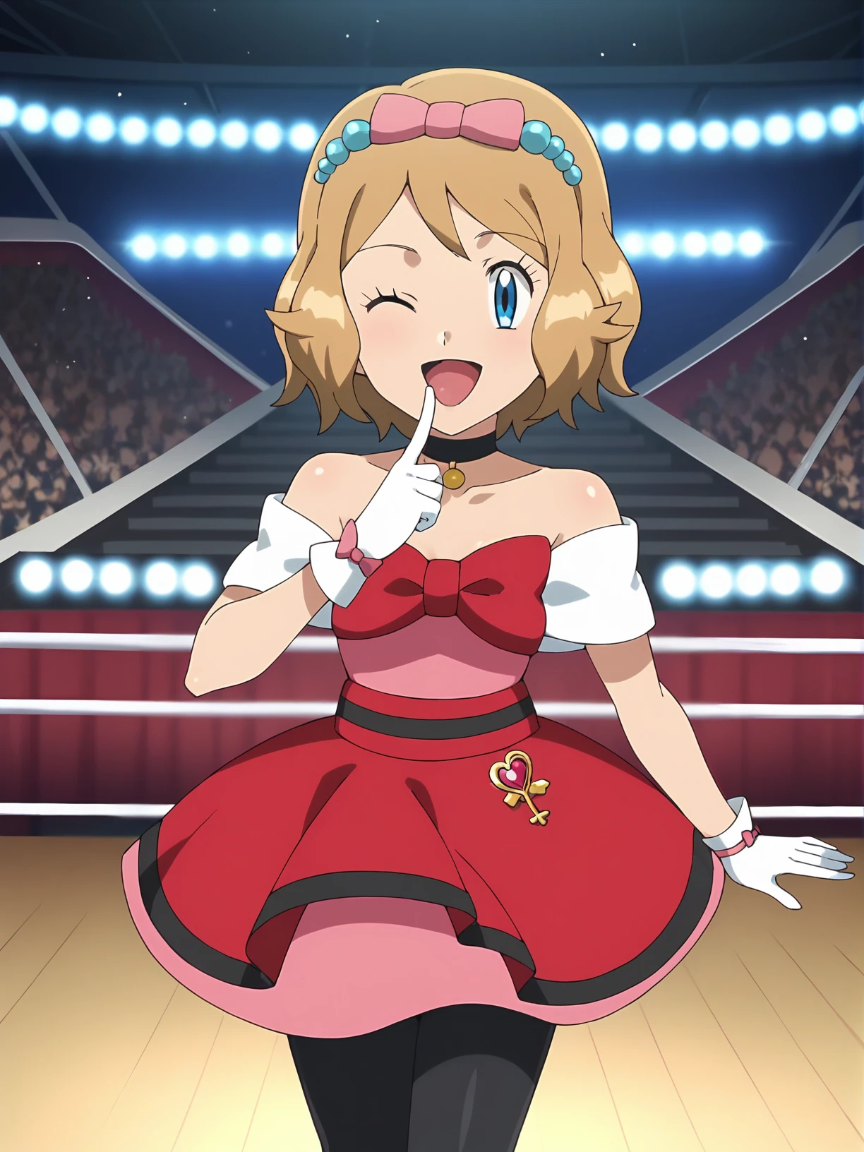 score_9, score_8_up, score_7_up, source anime, anime, animification, anime screencap, anime coloring, vivid colors, shiny skin, skindentation, deep skin, depth of field, high quality, highres, (dynamic angle,dynamic pose),
serenaperf, 1girl, solo, smile, short hair, open mouth, blue eyes, blonde hair, gloves, dress, bow, standing, collarbone, cowboy shot, :d, pantyhose, hairband, choker, tongue, indoors, white gloves, hand up, black pantyhose, eyelashes, sparkle, black choker, light brown hair, pink dress, finger to mouth, serena \(pokemon\), stage, stage lights, leaning forward, one eye closed, indoors, glowing lights, bright stage lights, music, stadium ranks, huge audience, pink bow
BREAK
masterpiece,high quality
<lora:Serena_Perfomance_Outfit-09:0.9>