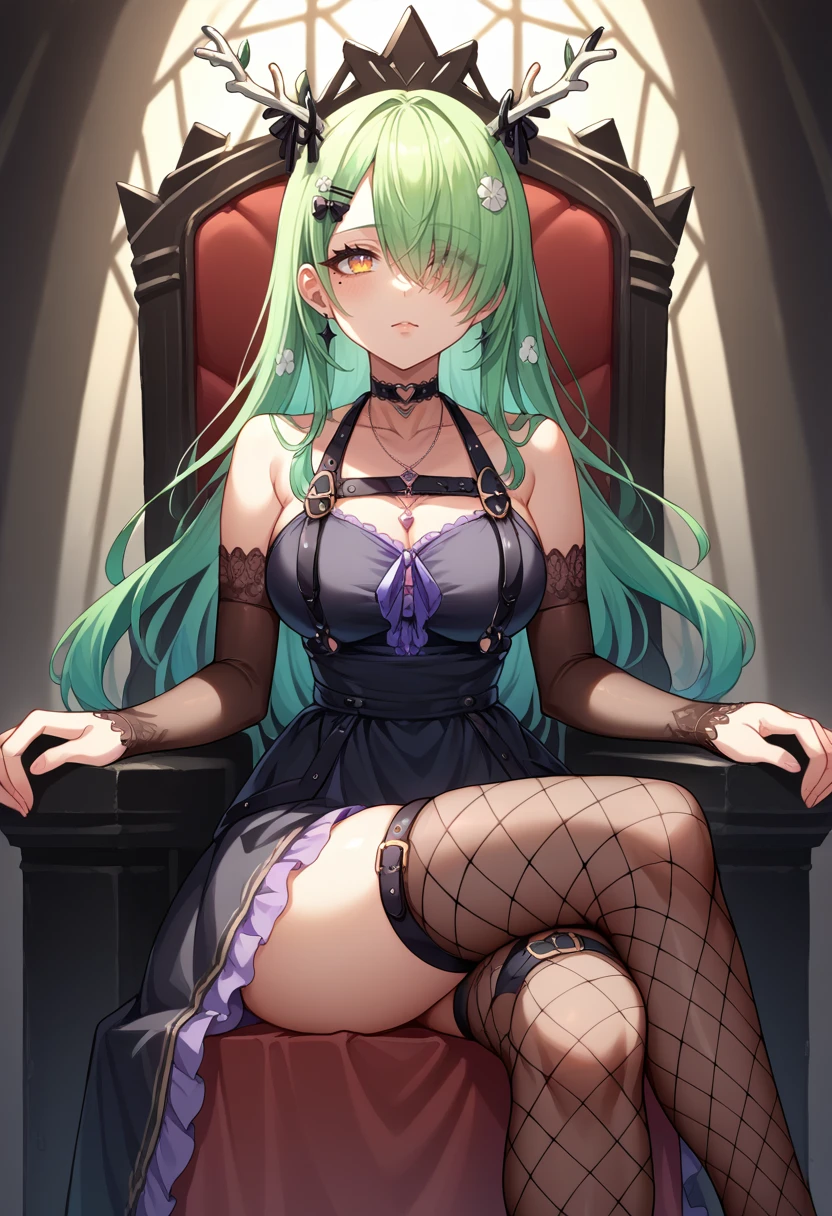 score_9, score_8_up, source_anime, 1girl, solo, FaunaGoth, mole under eye, antlers, long hair, hair over one eye, hairclip, heart choker, necklace, black dress, cleavage, chest strap, elbow gloves, fingerless gloves, o-ring thigh strap, heart o-ring, fishnet thighhighs, indoors, dark, black throne, crossed legs, sitting, on throne, <lora:ChamCeresFaunaPonyXL:1>