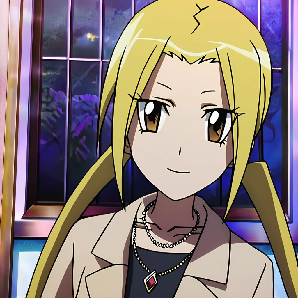 anime artwork illustrating Hagimura_Suzu, 1girl, solo, long hair, looking at viewer, smile, blonde hair, twintails, brown eyes, jewelry, collarbone, jacket, yellow eyes, upper body, necklace, high quality,masterpiece,animestyle, highress,female focus. created by japanese anime studio. highly emotional. best quality, high resolution