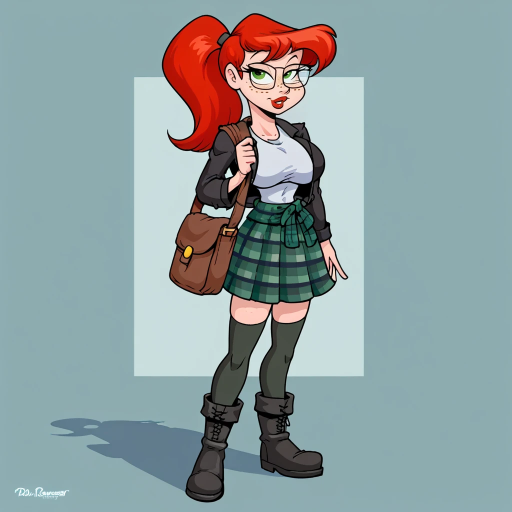 score_9, woman, solo, <lora:Doug_Winger_Style_-_PonyXL:0.8> Doug Winger, standing, <lora:Bandi_XL:0.7> bandi, red hair, glasses, freckles, ponytail, side bangs, side_locks, sidelocks, green eyes, large breasts, tartan skirt, jacket, shirt, shoulder bag, boots, long black socks, thighhighs