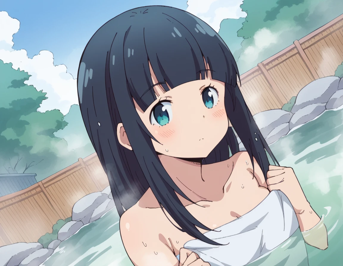 Francesca Lucchini、Detailed Description、high resolution、One Girl、Tan Skin、Small face、Thin legs、Small waist、Black Hair、long hair、Twin tails、(blush)、Troubled face、Completely naked、Nipples are visible、Large hot spring、On all fours、belly button、Looking up