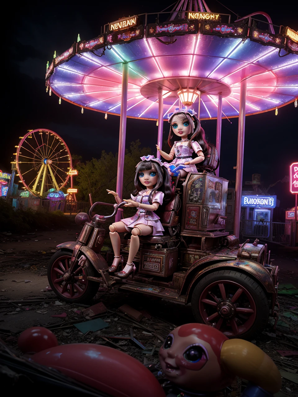 <lora:RainbowHigh:1> abandoned amusement park, rainbow high doll is enjoying a ride, naughty, looking at the viewer, naughty, dark atmosphere, intricate, 4k, tack sharp, nikon DSLR, master piece