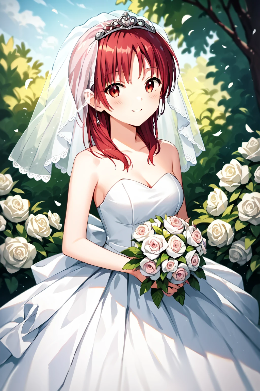 score_9, score_8_up, score_7_up, score_6_up, rating_safe, source_anime, best quality, masterpiece, detailed background, outdoors, flowers, wedding dress, wedding veil, blush, smile, <lora:iwasawa-xl-06:1.2>, iwasawa, medium breasts,