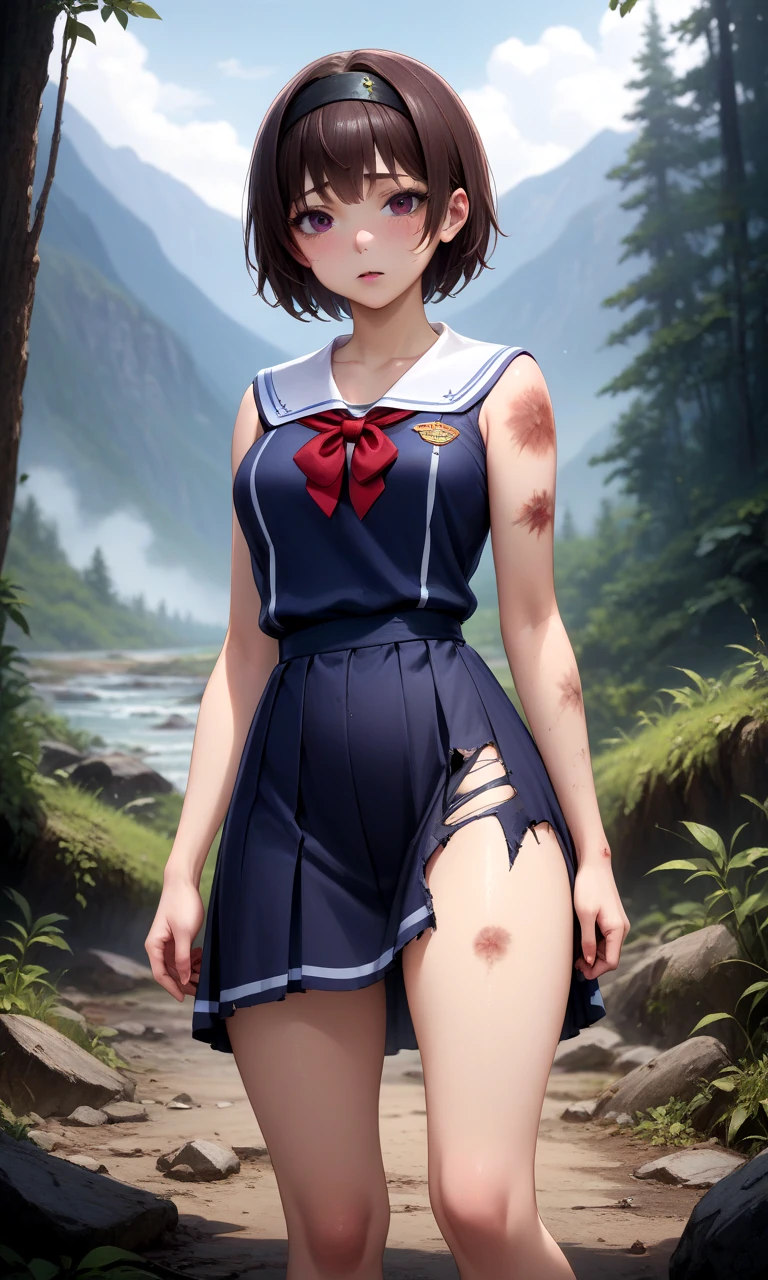 masterpiece, best quality, ultra detailed, highres, mmayu, serafuku, dress, short hair, full body, torn, damaged clothes, bruise marks on the body, forest, survivor, mountains, cowboy shot , hostile, scary environment, <lora:mmayu-original:1>