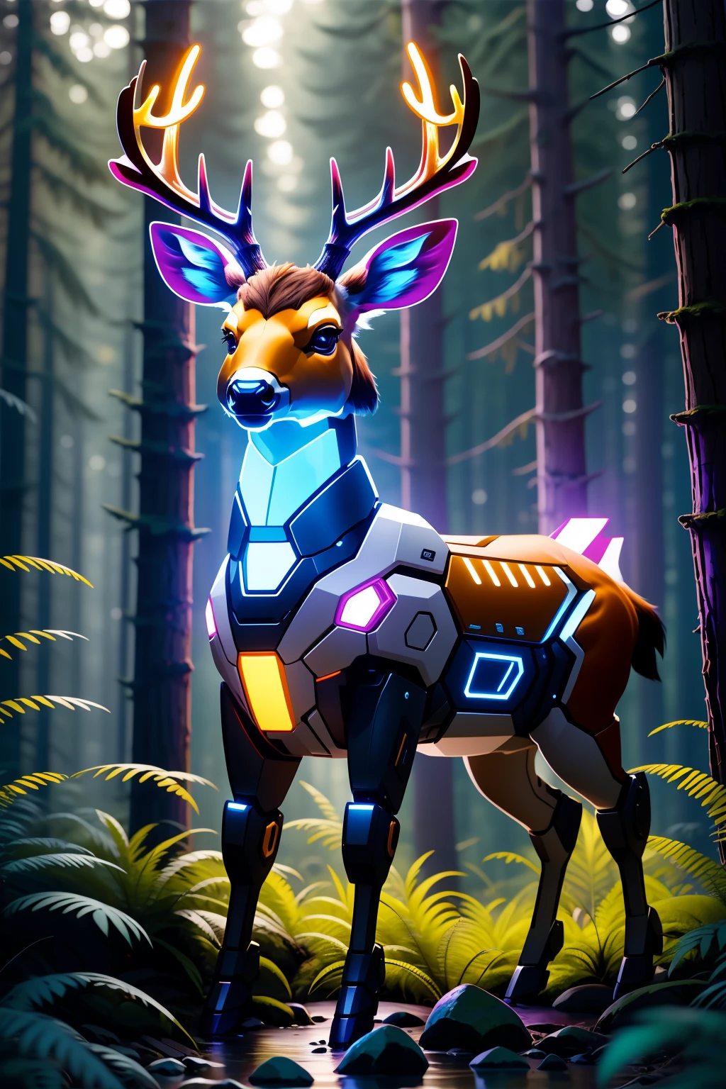masterpiece,best quality,robotzoo, deer mecha, cute, standing, glowing, looking at viewer, solo, full body ,forest,tree, , <lora:robotzoo_v1.4:0.85>