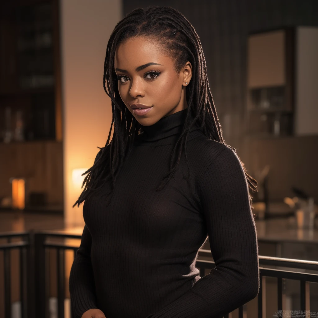 Best_QualityPos, RAW photo, intricate details, best quality, 8k uhd, soft lighting, 1girl, solo, kiranoir, long hair, black hair, brown eyes, dark skin, black turtleneck sweater, long sleeves, smug <lora:kiranoir:0.7>