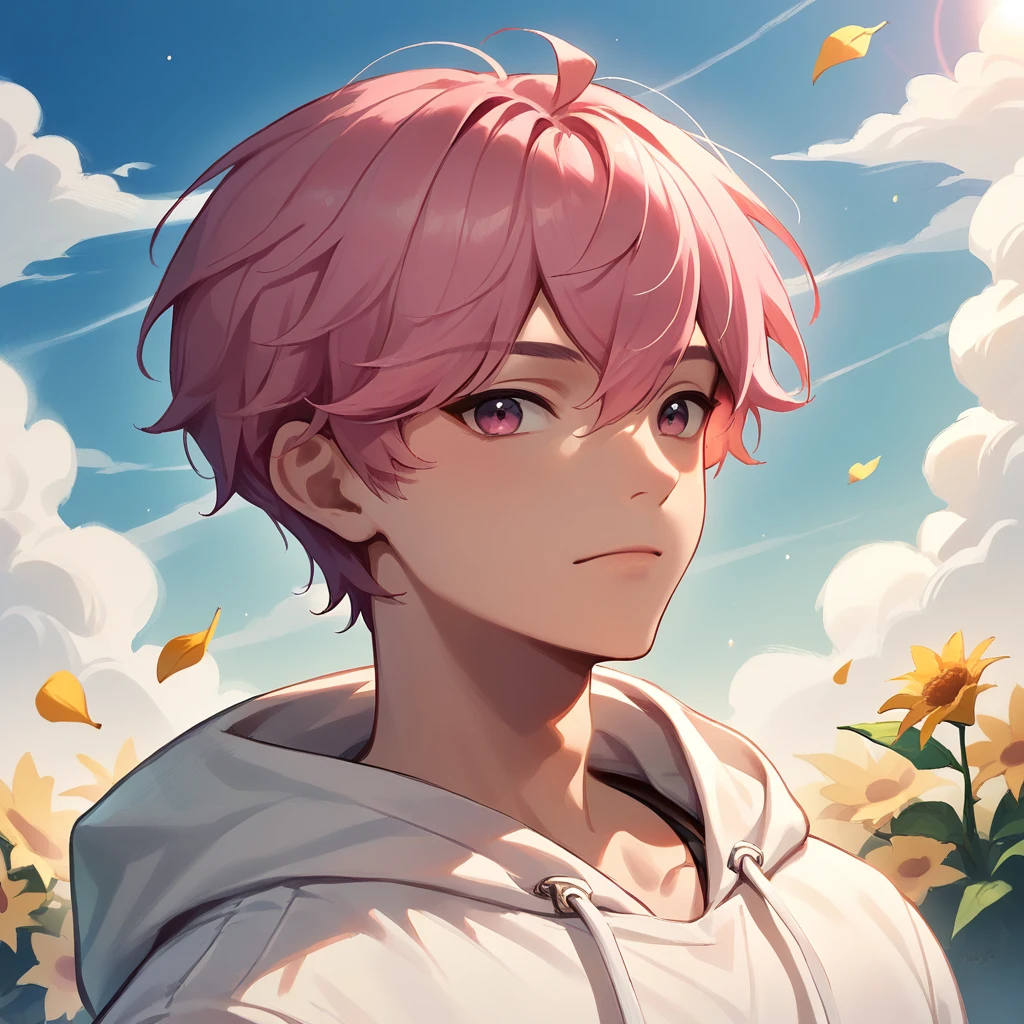 score_9, score_8_up, score_7_up, all in one, masterpiece, best quality, lots of details, Bamby, 1boy, male focus, pink hair, pink eyes, solo, slim, sky, cloud,short, short hair, closed mouth, white shirt, contrail, blue sky, virtual youtuber, day, outdoors, hair between eyes, portrait