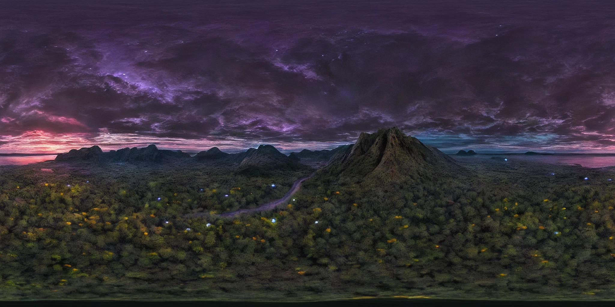 360panorama,No seams,Generate an enchanting and surreal depiction of a world locked in perpetual twilight. Picture a captivating landscape where the boundaries between day and night blur into an everlasting twilight. The sky should be a mesmerizing blend of deep blues and soft purples,with a faint,ethereal glow on the horizon. Show a mystical terrain,featuring delicate,bioluminescent flora and fauna that illuminate the landscape with gentle,otherworldly radiance. Let the scene emanate a sense of tranquility,mystery,and a touch of magic. Focus on intricate details and realism to create an image that transports viewers to this captivating twilight realm,<lora:360èªæ-V1.4:1>,