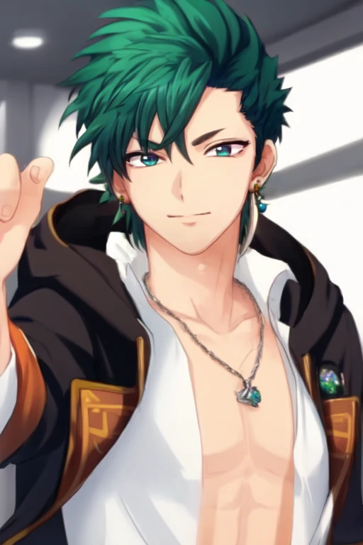 (masterpiece),(best_quality),1boy,Kubira,kubira-earring,hooded jacket,necklace,open shirt,portrait,<lora:Kubira:1>,