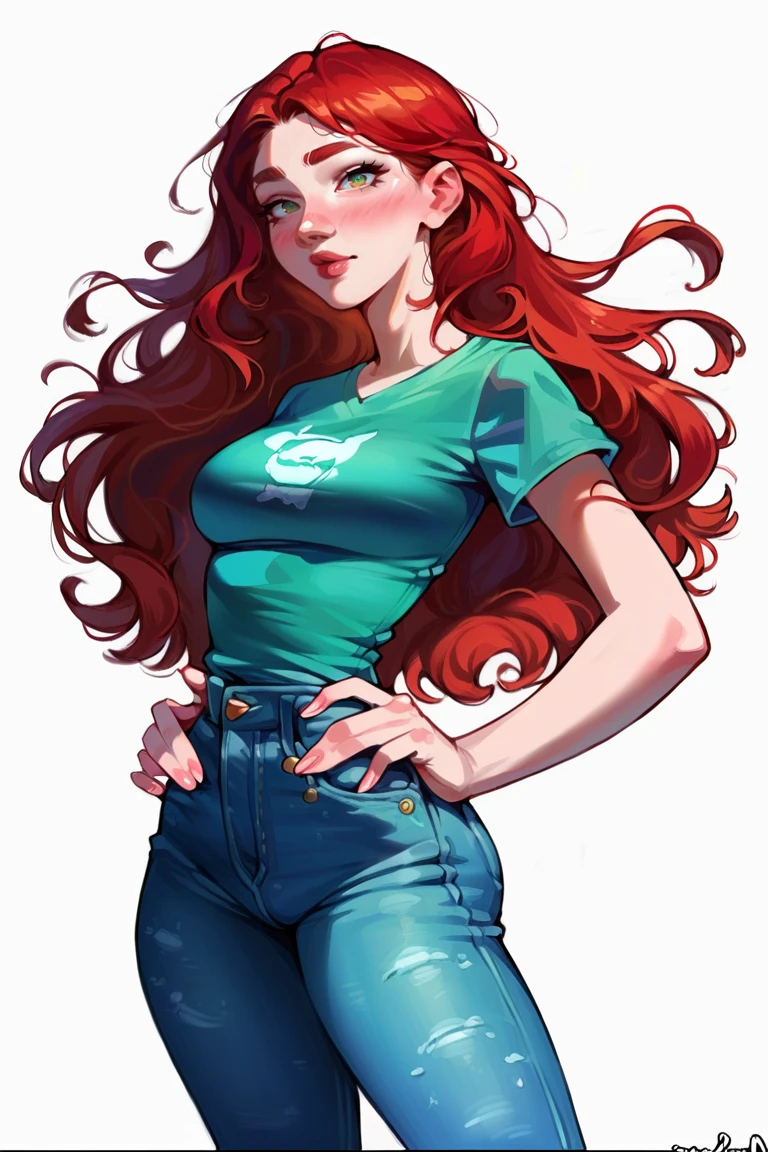 <lora:AromaSensei:1>, score_9, score_8_up, score_7_up, score_6_up, score_5_up, rating_questionable, source cartoon
1girl, pretty face, pretty eyes, detailed eyes, HD eyes, thick thighs
hands on hips, standing, cowboy shot
looking at viewer, blush, eyebrows, long hair, red hair, green eyes jeans, green t-shirt, boots, high waisted jeans
simple background, white background