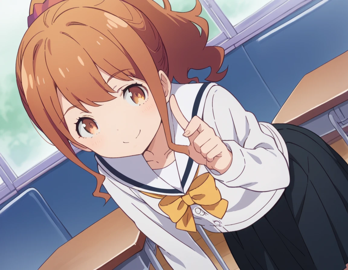 score_9, score_8_up, score_7_up, source_anime,
megumijinno, <lora:megumi-jinno-s1-ponyxl-lora-nochekaiser:1>,
megumi jinno, bangs, brown hair, hair ornament, brown eyes, ponytail, sidelocks, scrunchie, hair scrunchie,
skirt, shirt, long sleeves, bow, school uniform, collarbone, white shirt, serafuku, bowtie, black skirt, sailor collar, yellow bow, yellow bowtie,
indoors, classroom, bent over, smile,
solo, looking at viewer, cowboy shot, dutch angle,