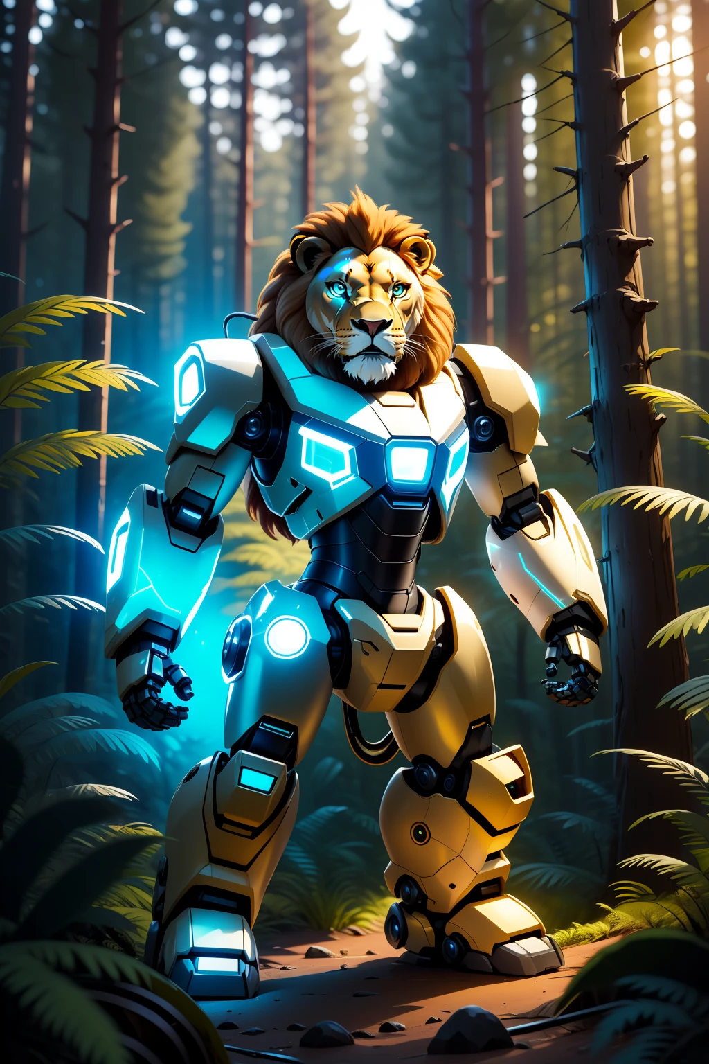 masterpiece,best quality,robotzoo, lion mecha, cute, standing, glowing, looking at viewer, solo, full body ,forest,tree,    , <lora:robotzoo_v1.4:0.85>