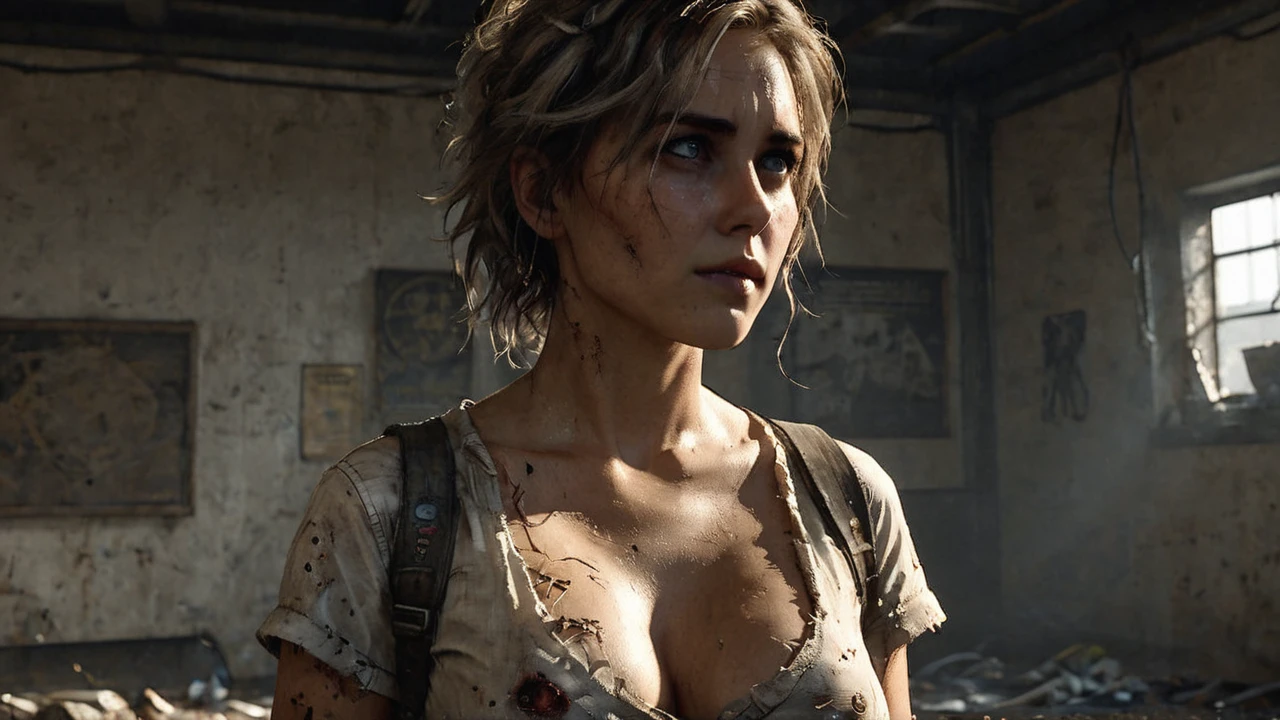 an illustrated award-winning upper body portrait of a young female, Human, Survivor, Alive, dirty and gritty, post-apocalyptic, ultra realistic Environmental, nsfw, medium breasts, toned body, ripped shirt, white shirt, messy hair, perfect face, ray tracing, realistic, depth of field, subsurface scattering, cleavage, highly detailed, harsh lighting, cinematic lighting, detailed skin, detailed eyes, Brown detailed hair, masterpiece, best quality, ultra-detailed, high res, realistic lighting, 