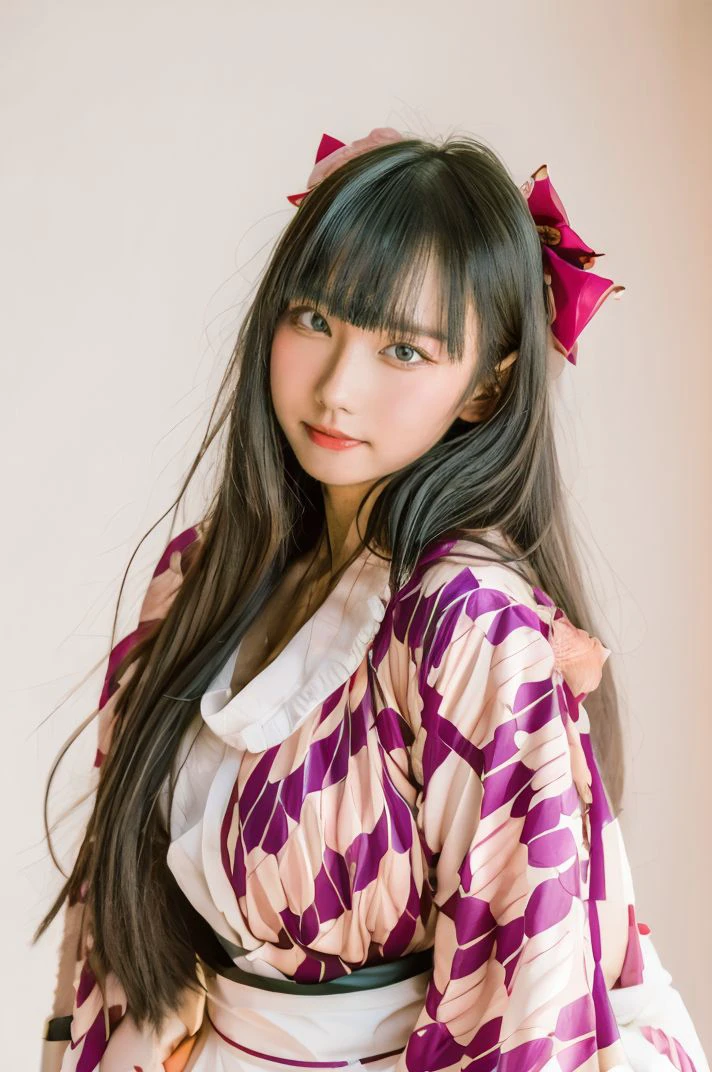 1girl, solo, medium breasts, looking at viewer, realistic, photorealistic, bangs, lips, black hair, closed mouth, brown eyes, long hair, blunt bangs, hyper detailed, super sharp, crisp, smooth, smooth gradients, depth of field, (in studio: 1.1), (white background: 1.1), <lora:lau_azuki:1>, <lora:breastsizeslideroffset:-0.3>, <lora:skin_slider_v2_1_FACE:0.5>, <lora:add_detail_v5:1>, japanese clothes, black bow, kimono, sash, pink kimono,