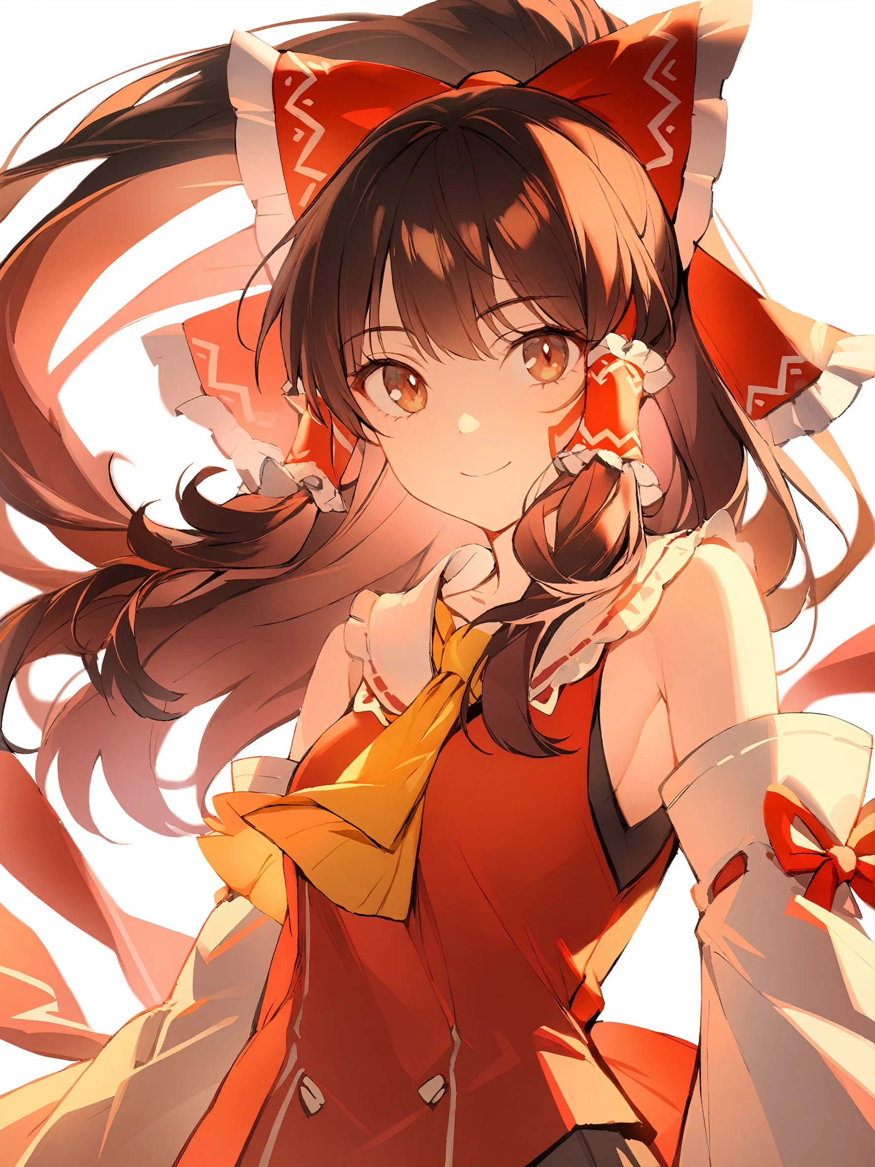 1girl,
hakurei reimu,
solo, brown hair, long hair, brown eyes, white background, simple background, looking at viewer, bare shoulders, ascot, bow, closed mouth, hair tubes, yellow ascot, red bow, hair bow, smile, detached sleeves, sidelocks, upper body,
masterpiece, best quality, safe
<lora:mki-ani31-blackmeow-v1-000120:1>