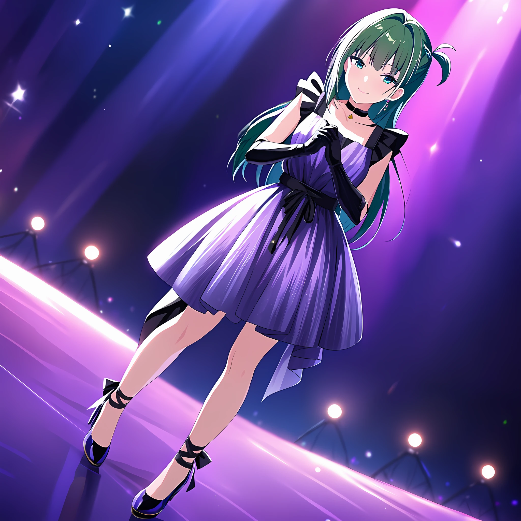 best quality,highly detailed,masterpiece,komiyama,1girl,idoly dress,smile,standing,full body,idoly gloves,idoly high heels,solo,<lora:AIv05:0.8>,on stage,cinematic_angle,