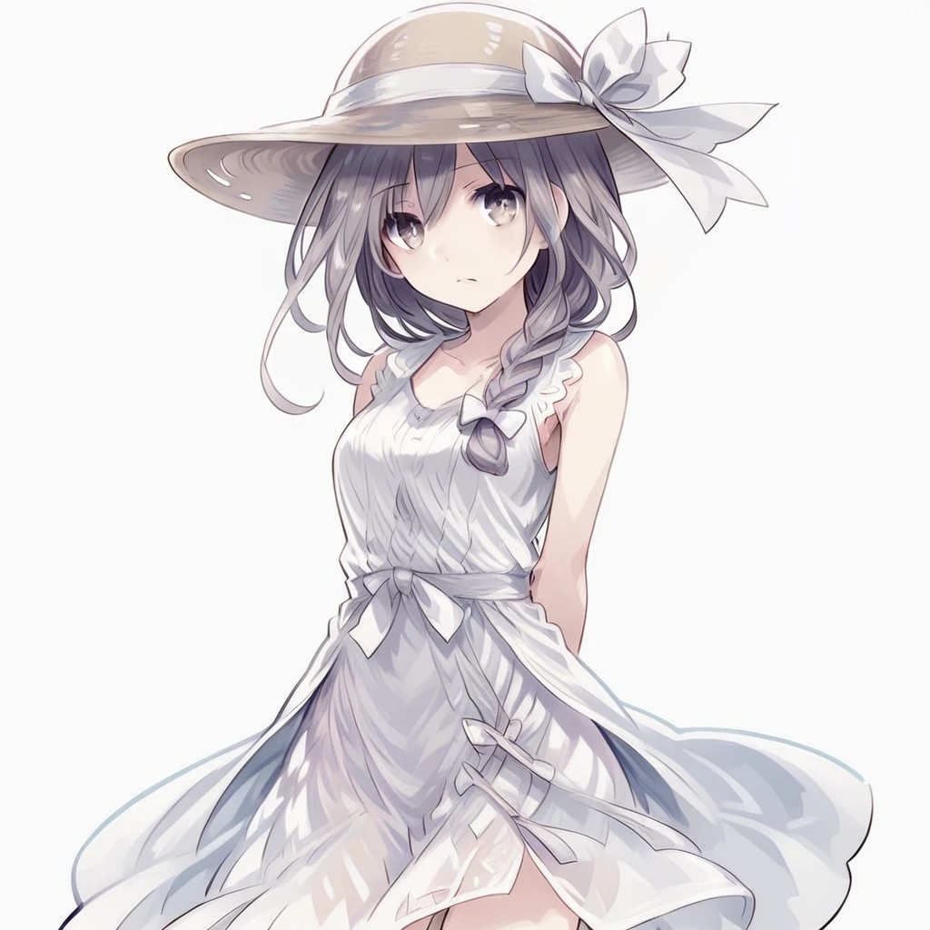 (masterpiece, best quality), (white background:1.3),takamiya mio, 1girl, solo, white dress, single braid,sun hat,sleeveless,white bow,(arms behind back), cowboy shot,facing viewer,