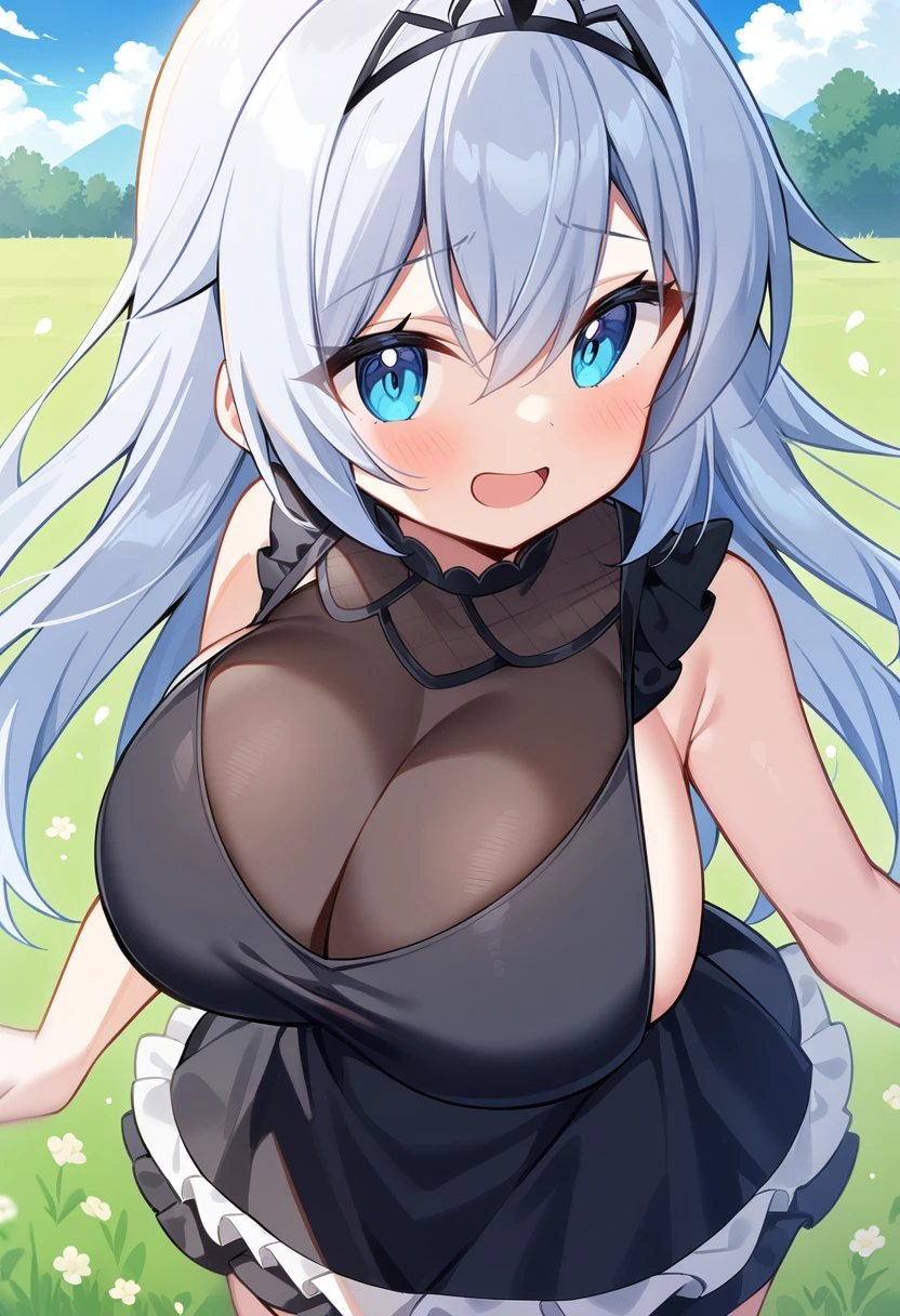 1girl, solo, aged down, yano mitsuki \(nanairo\),
long hair, silver hair, blue eyes, huge breasts, black dress, frilled dress, frills, cleavage, see-through cleavage, open mouth, sideboob, tiara, 
blue sky, field, 
masterpiece, best quality, very aesthetic, absurdres,