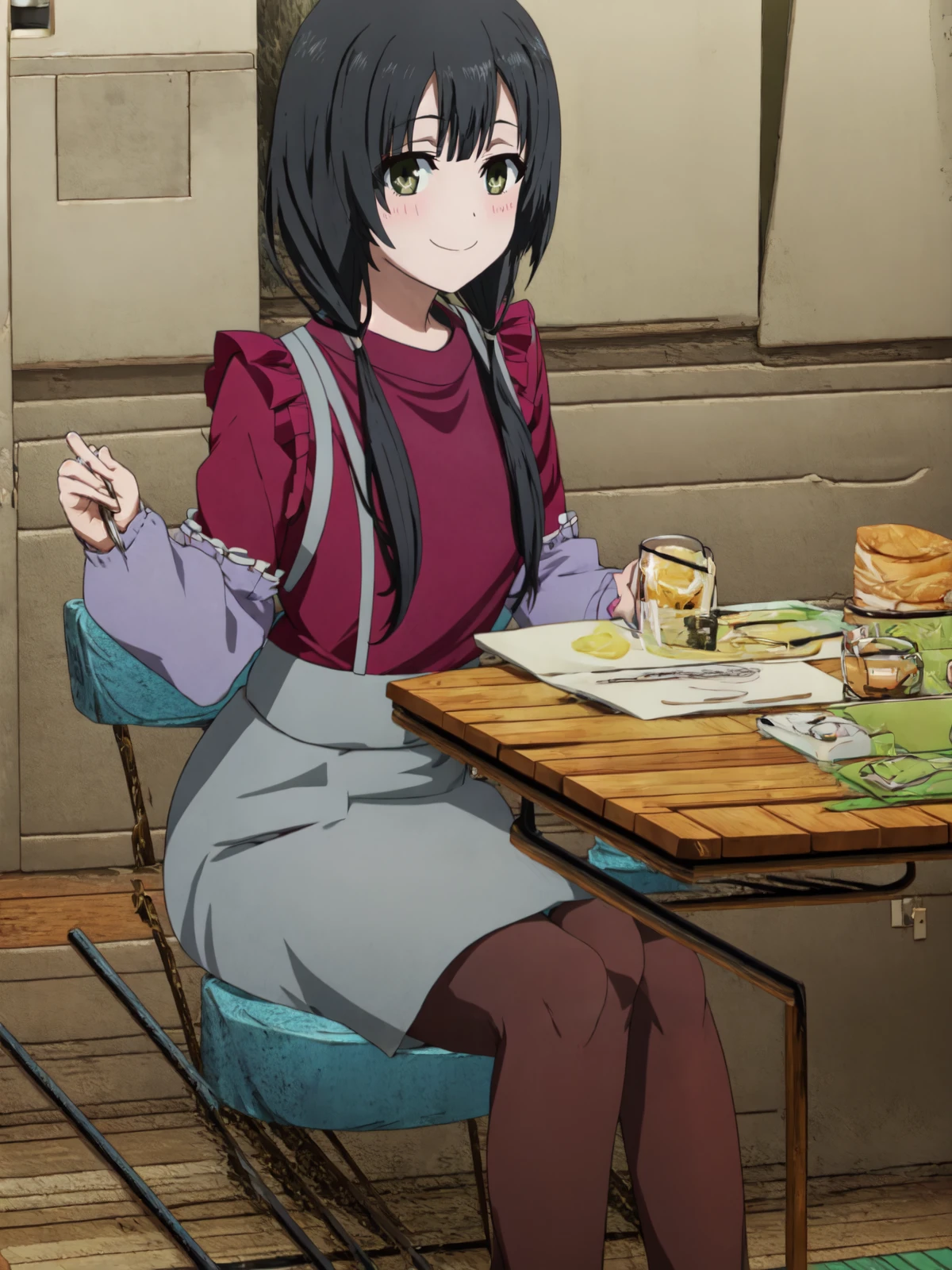 SLE, mksks style, detailed background absurdres, highres, cowboy shot, solo, 1girl, <lora:Ema Yasuhara (SHIROBAKO):1>, ema yasuhara, movie 1, sitting, wariza, looking at viewer, smile, blush, house, room, indoors