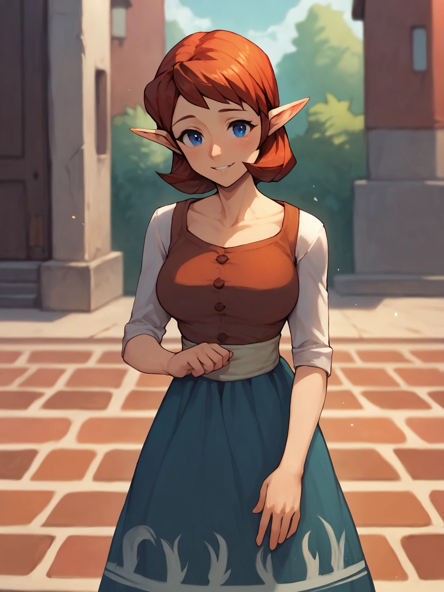 score_9, score_8_up,sharp focus,,  absurdres, highres, illustration, depth of field, outdoors, anjuxl, 1girl, solo, breasts, looking at viewer, blush, smile, short hair, blue eyes, skirt, large breasts, brown hair, dress, collarbone, red hair, pointy ears,  <lora:anjuxl:1>