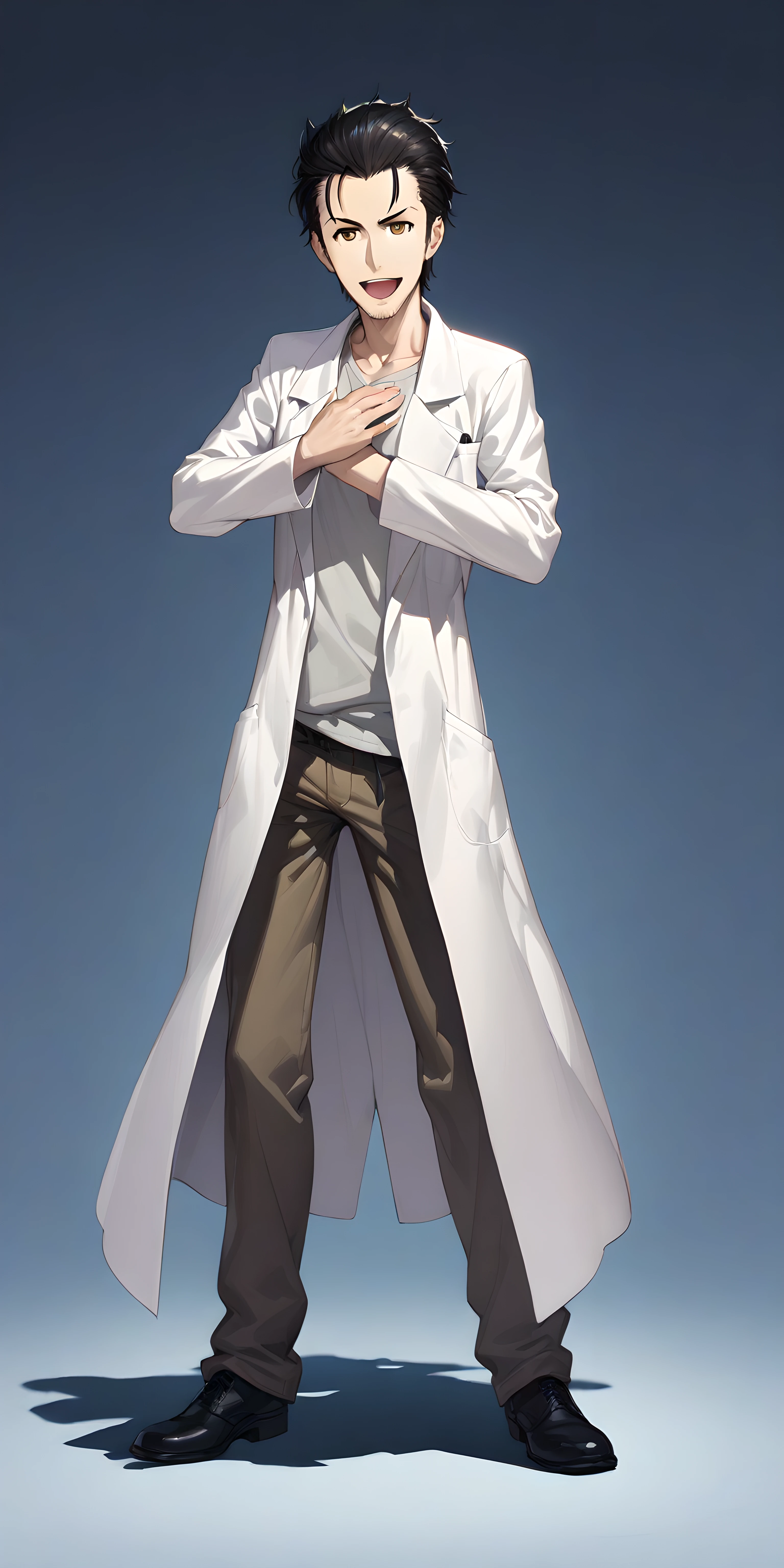 (masterpiece),(best quality),(ultra-detailed),(best illustration),(best shadow),(absurdres),(detailed background),(very aesthetic), okabe rintarou, 1boy, male focus, solo, black hair, labcoat, cosplay, open mouth, full body, smile, brown eyes, pants, hands on waist, <lora:Okabe_Rintarou:1>