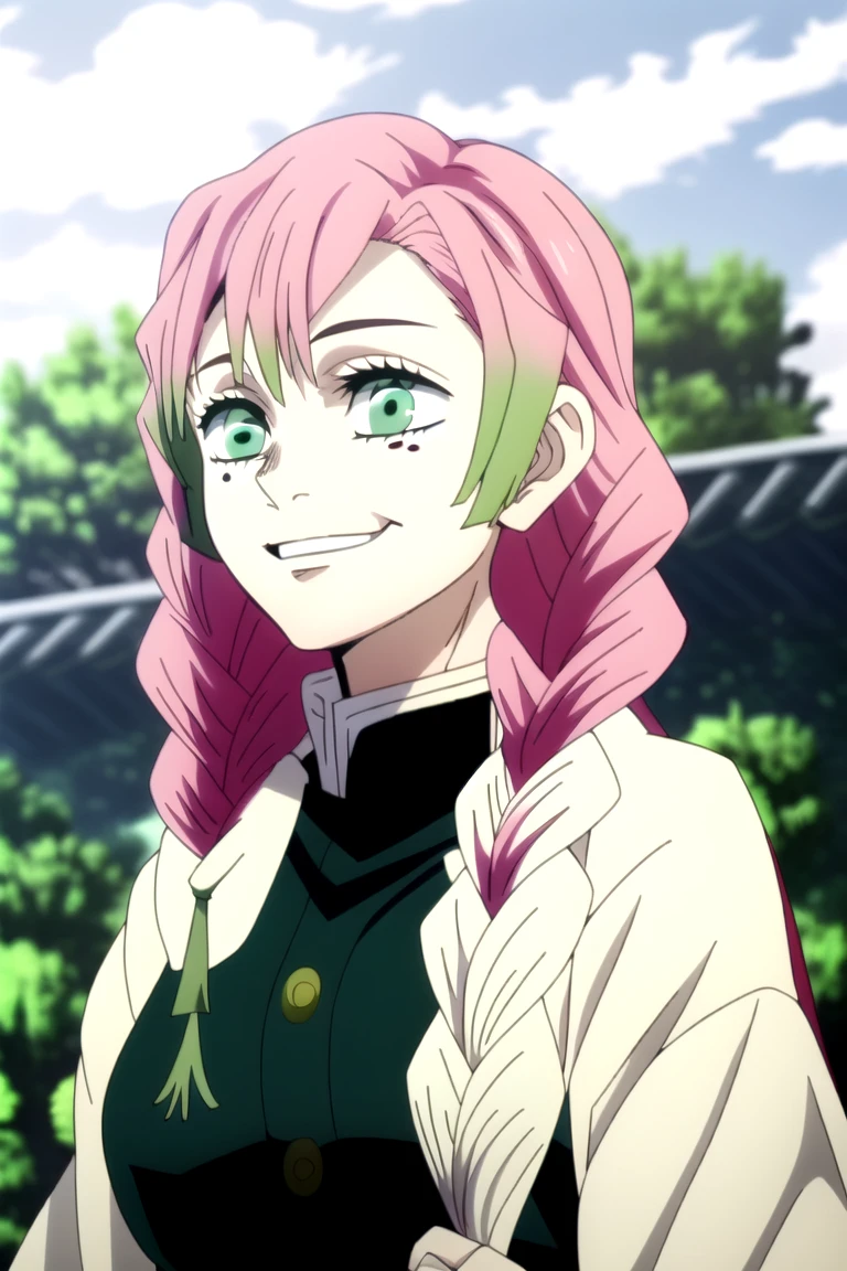 jjk, kanroji mitsuri, demon slayer, 1girl, solo, upper body, nature, sky, long hair, smiling, green eyes, pink hair, braid, outdoors, green hair, mole, blurry, twin braids, mole under eye, demon slayer uniform