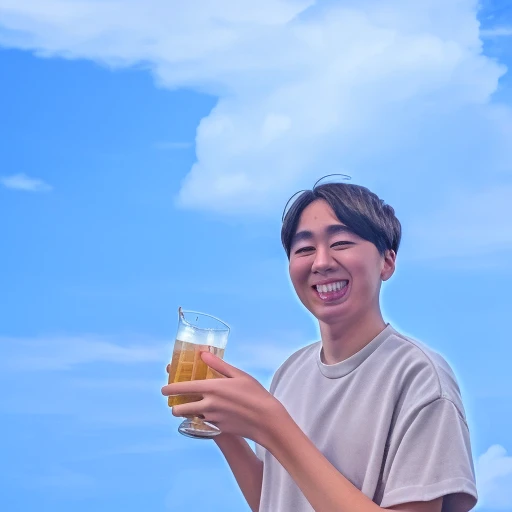 1boy, holding cup, smile, sky