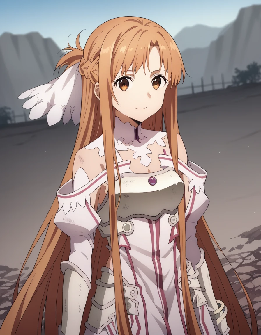 score_9, score_8_up, score_7_up, source_anime,
asunayuuki, <lora:asuna-yuuki-s3-ponyxl-lora-nochekaiser:1>,
asuna yuuki, long hair, bangs, brown hair, brown eyes, very long hair, braid,
dress, bare shoulders, detached sleeves, white dress, armor, breastplate, white armor,
outdoors, wasteland, smile,
solo, looking at viewer, cowboy shot, dutch angle,
