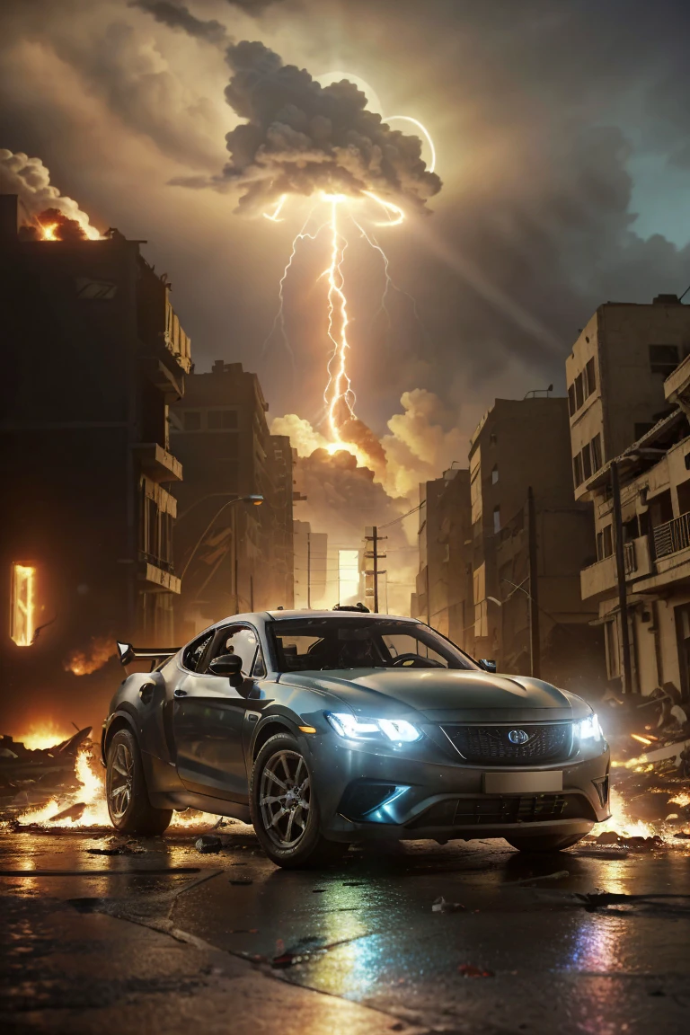 <lora:ChaosEngine-v1:0.7>
a chromed futuristic race car with xeon lights running away from a (giant atomic explosion in the background) BREAK
racing at high speeds (among the rubble through a burning city with sinkholes on the road) BREAK
in a (bright day with fire lightnings) BREAK
CHSNGN, photo realistic, 24mm, dolly zoom, dutch angle, cinematic look, lens flare, motion blur, intrincate details