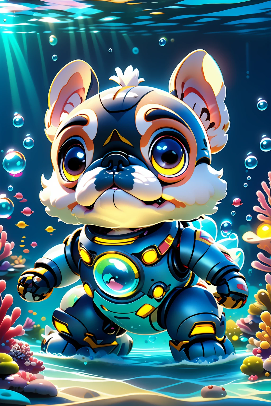 masterpiece,best quality,robotzoo, french bulldog mecha, cute, standing, glowing, looking at viewer, solo, full body ,underwater, Bubble,    , pixarpet<lora:robotzoo_v1.4:0.85>,<lora:ç»å¨ç®åæ¯é£æ ¼èå® ç³»å-çpixarpet_v1.3:0.7>