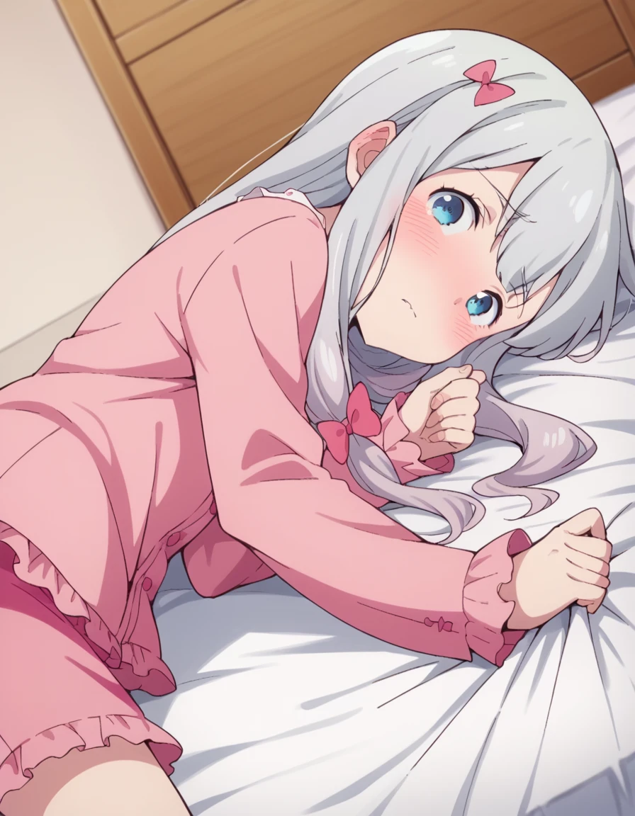 score_9, score_8_up, score_7_up, source_anime,
sagiriizumi, <lora:sagiri-izumi-s1-ponyxl-lora-nochekaiser:1>,
sagiri izumi, long hair, blue eyes, bow, hair bow, grey hair, pink bow,
ribbon, shorts, pink shirt, pajamas, pink shorts,
indoors, bed, bed room, on side, blush, drunk,
solo, looking at viewer, cowboy shot, dutch angle,