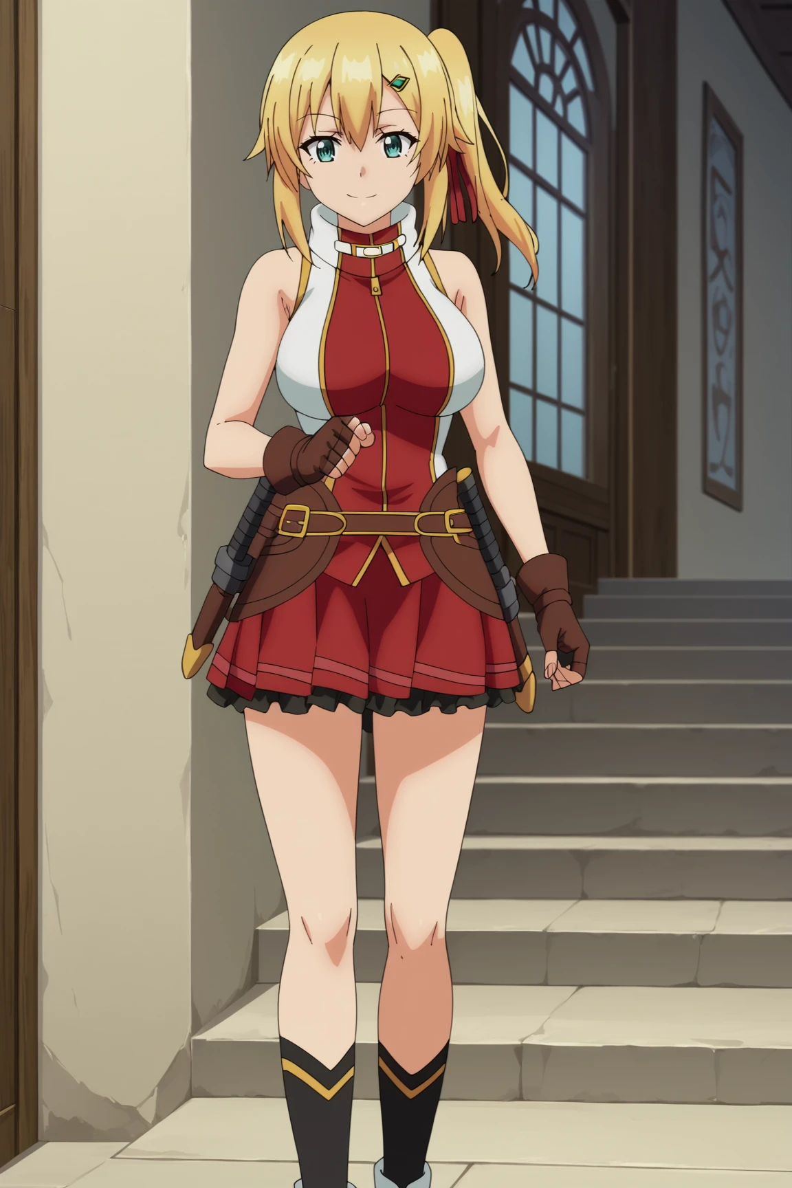 score_9, score_8_up, score_7_up, source anime, prefect lighting, very aesthetic, BREAK, anime coloring, anime screencap,
<lora:emma_brightness_v2-pdv6:1>, 1girl, emma brightness, ore dake haireru kakushi dungeon, blonde hair, blue eyes, short hair, hair ribbon, side ponytail, hairclip, large breasts, emmaout, red skirt, fingerless gloves, sleeveless, boots, black socks,
BREAK, full body, seductive smile,