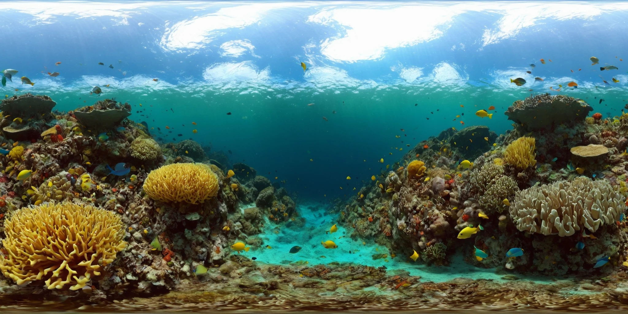 360panorama,<lora:HMSG360æµ·åºä¸çXL-000005:1>,<lora:åå½±XL:1>,Underwater world,Swimming fish,Coral reef exploration,Deep sea,Sunlight filtering through water,No specific artist,Photo-realistic,Fantasy,Digital painting,Nature scene,Vibrant marine colors,High-definition rendering,4K,High detail,