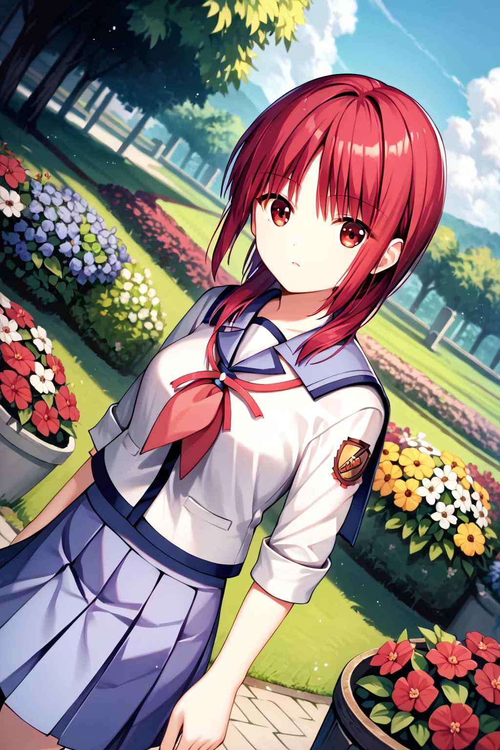 score_9, score_8_up, score_7_up, score_6_up, rating_safe, source_anime, best quality, masterpiece, detailed background, garden, flowers, sunny, walking, (dutch angle), looking around, parted lips, round mouth, curious, <lora:iwasawa-xl-06:1>, iwasawa, medium breasts, angel beats uniform, lavender skirt,