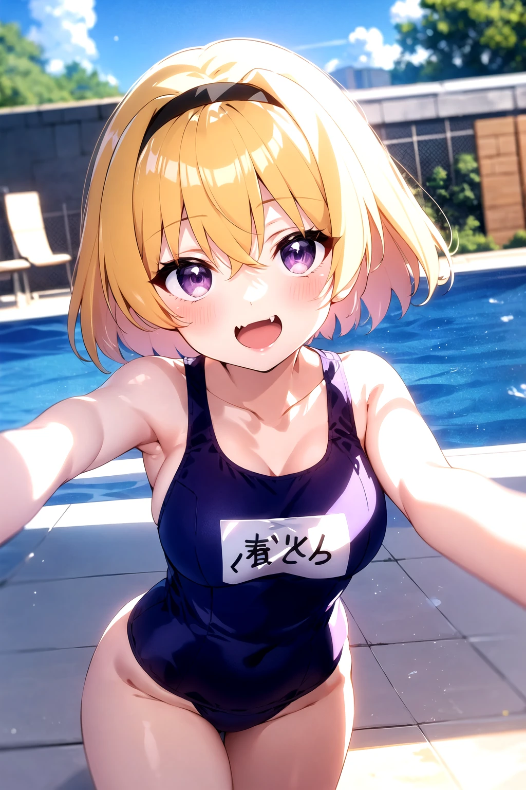 <lora:Satoko Houjou anylora15r-000006:0.7>, houjou satoko, swimsuit, school swimsuit, 1girls, one-piece swimsuit, blonde hair, purple eyes, hairband, short hair, fang, smile, name tag, long hair, open mouth, outdoors, looking at viewer, day, sky, breasts, collarbone, bangs, :d, skin fang, blush, hair between eyes, standing, black hairband,