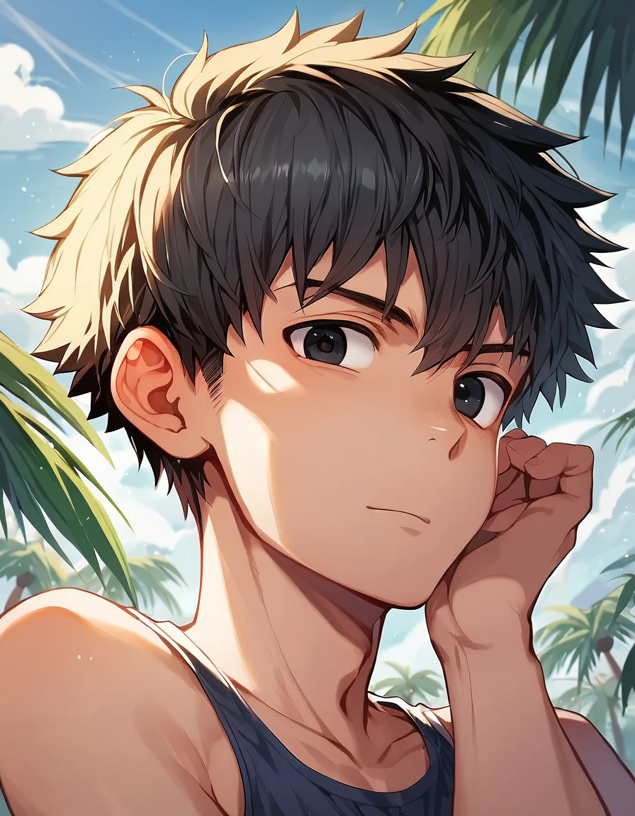 ((((masterpiece)))), high quality, perfect face,(best quality), expressive eyes, shirtless, cute 12yo boy, closed eyes grin, (blue swimming brief), (dark skin), peace fingers, sit, black hairShort hair, beach