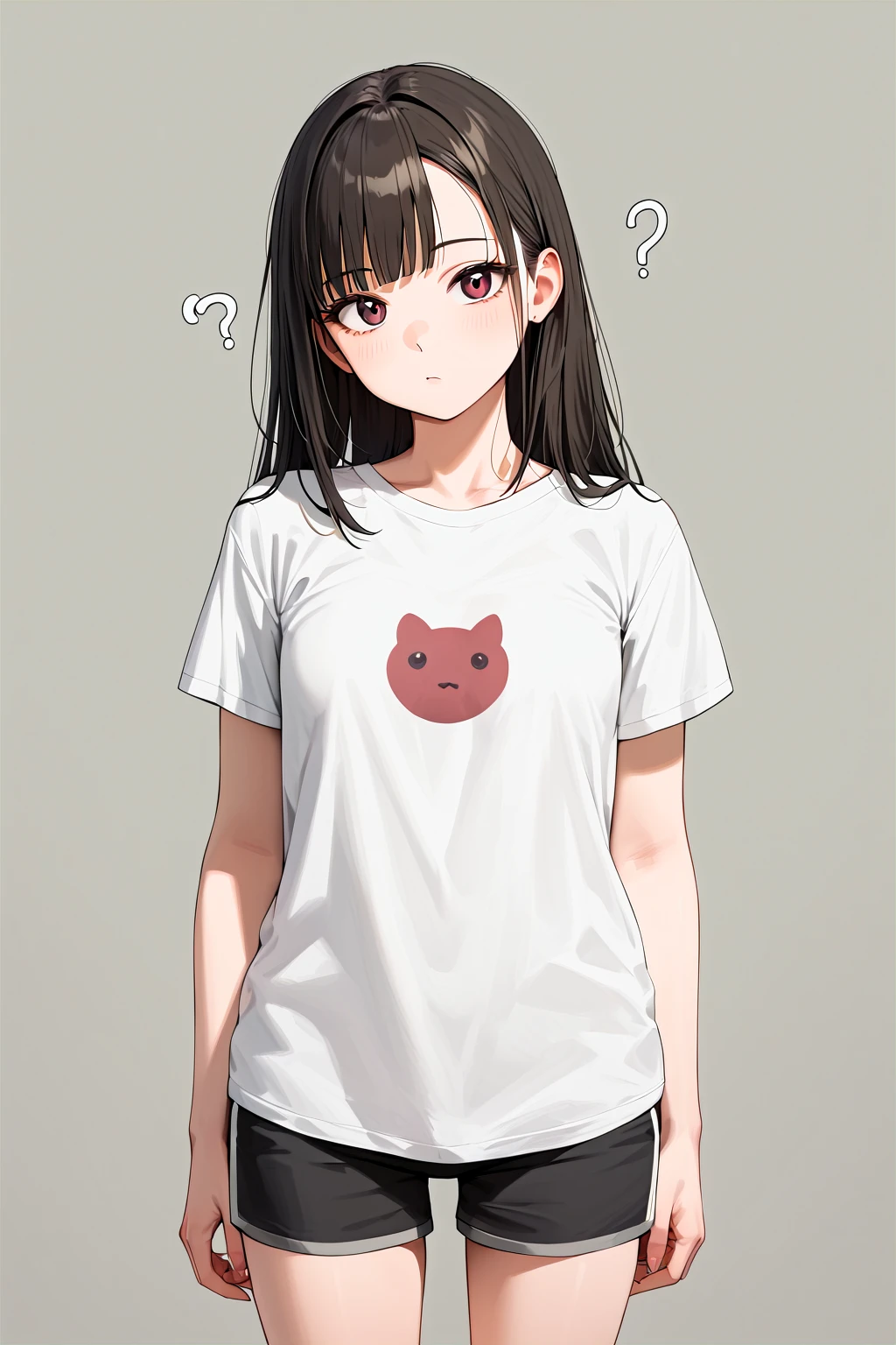 score_9,best quality,
1girl,eyes,question,tilt head,white simple background,full body,t-shirt,upper body