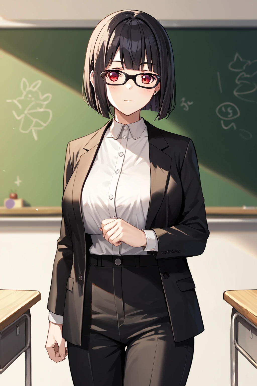 score_9, score_8_up, score_7_up, score_6_up, rating_safe, source_anime, best quality, masterpiece, classroom, teacher, standing, podium, chalkboard, (black suit), buttoned-up suit, black pants, bob cut, (blunt bangs), full bangs, black hair, black glasses, rectangle glasses, square glasses, <lora:momonouchi-sumomo-xl-04:0.7>, momonouchi sumomo, big breasts, red_eyes