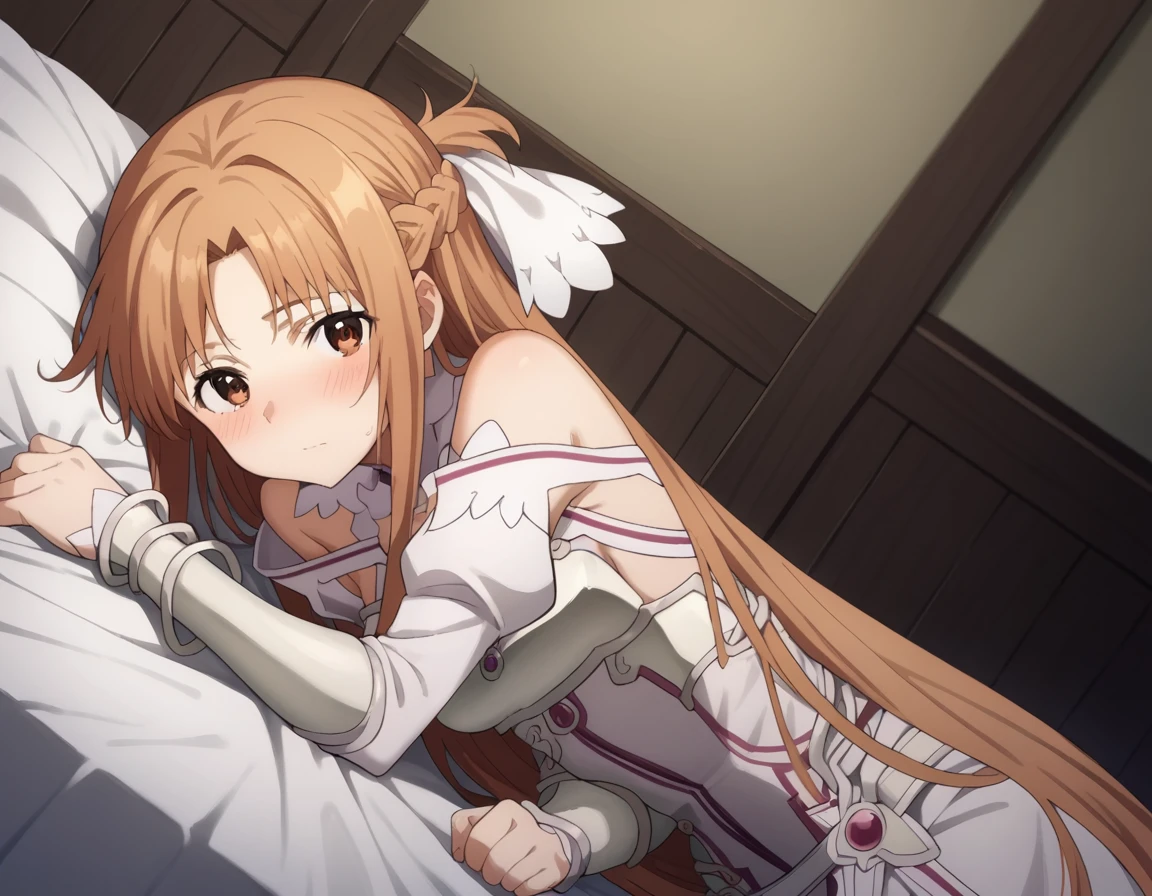 score_9, score_8_up, score_7_up, source_anime,
asunayuuki, <lora:asuna-yuuki-s3-ponyxl-lora-nochekaiser:1>,
asuna yuuki, long hair, bangs, brown hair, brown eyes, very long hair, braid, 
dress, bare shoulders, detached sleeves, white dress, armor, breastplate, white armor,
indoors, bed, bed room, on side, blush, drunk,
solo, looking at viewer, cowboy shot, dutch angle,